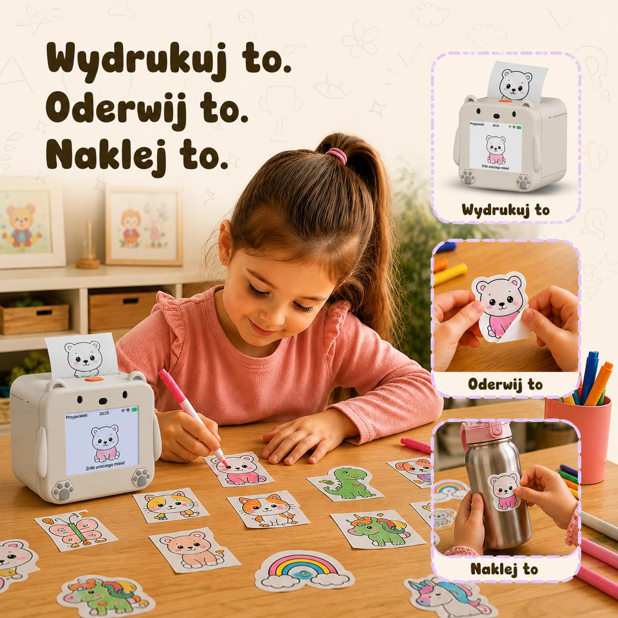 Drukarka Naklejek Głosowych AI dla Dzieci od MMOBIEL – Drukarka & Sticker Maker z Aplikacją, Sterowanie Głosowe, 20 Języków & 6 Stylów Rysowania – Do Zdjęć, Notatek, Etykiet, Dziennika & DIY