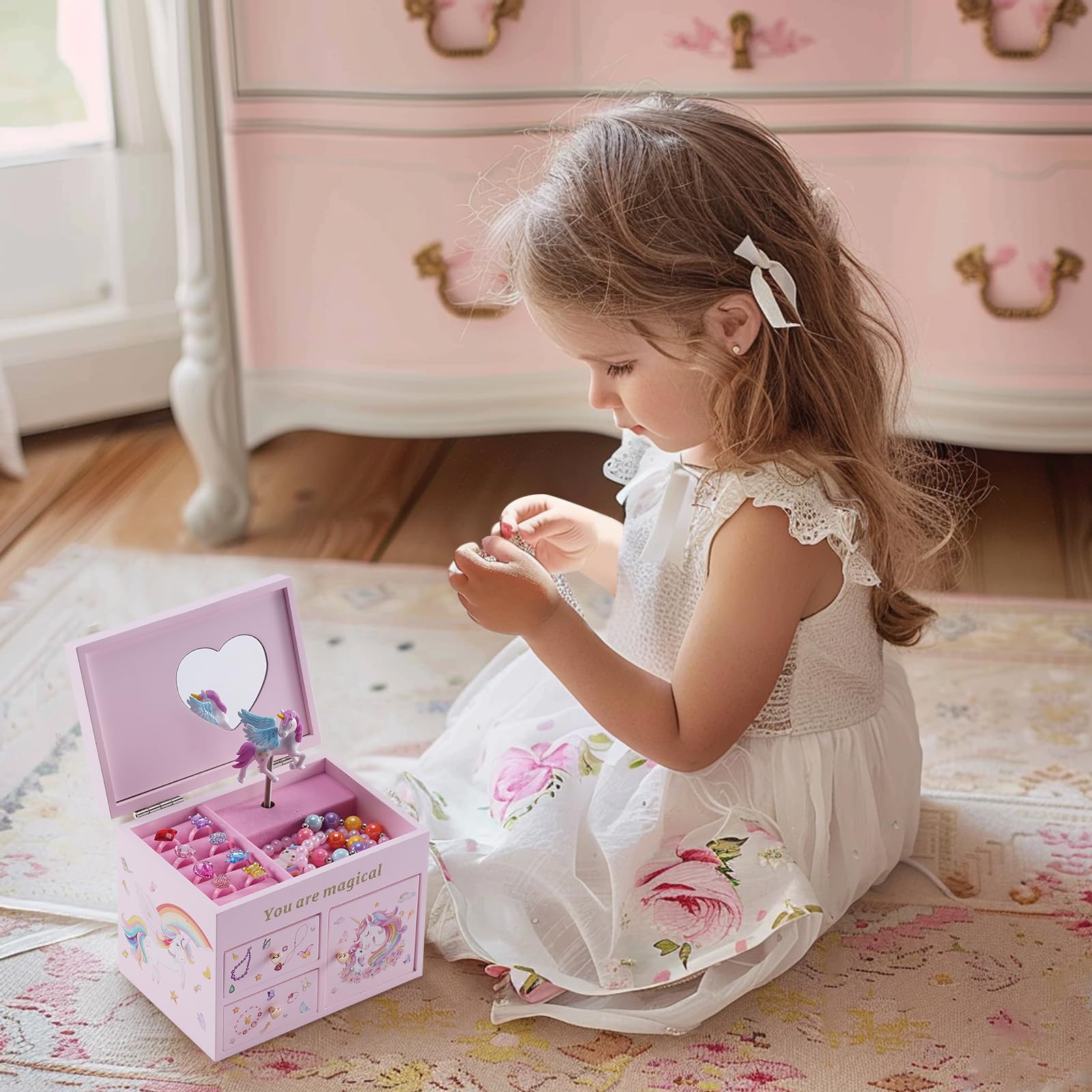 Lolalet Joyero de Madera para Niñas, Organizador de Joyería con Unicornio, Caja para Collar, Pendientes, Pulsera, Reloj, Pintalabios y Anillo - Rosa