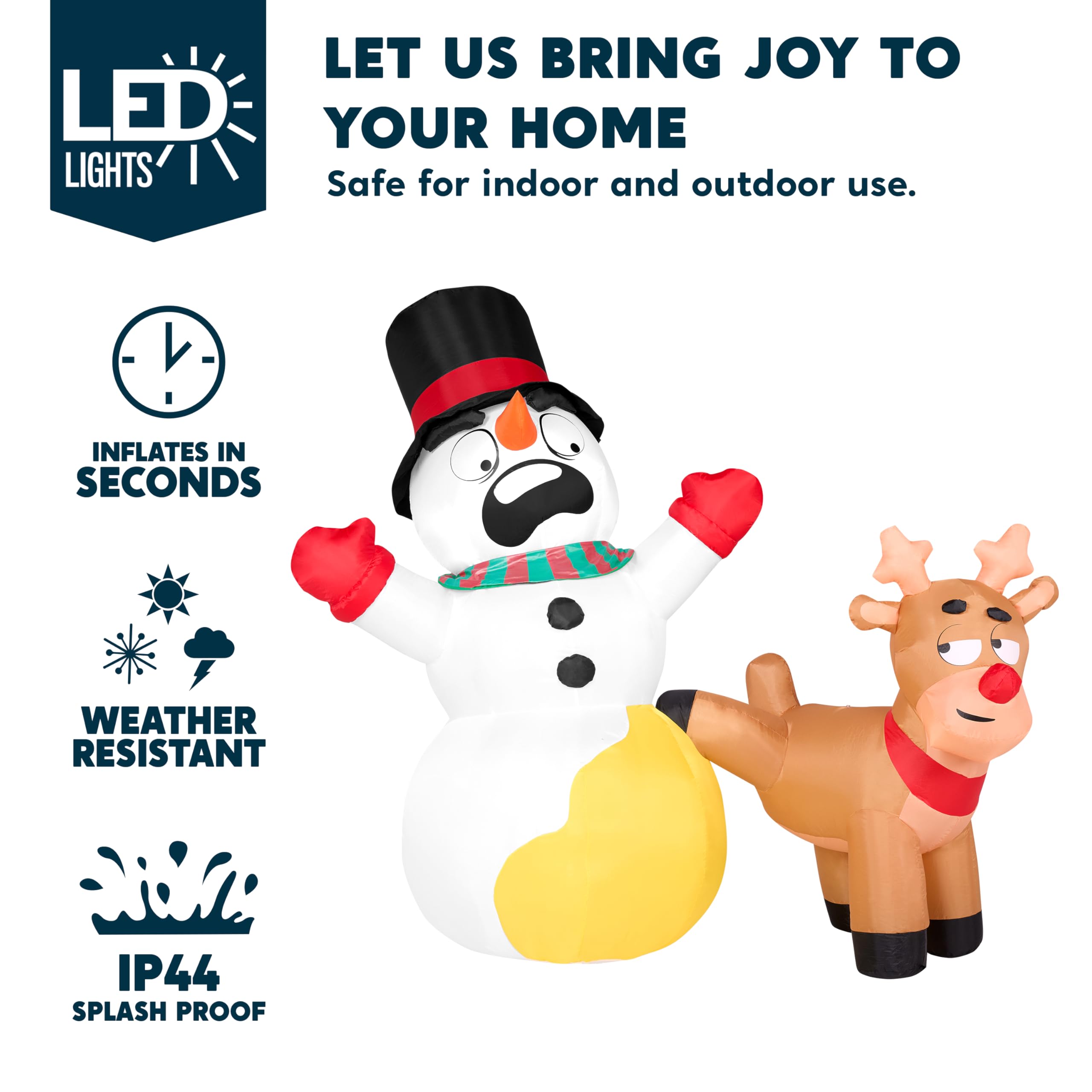 Joiedomi Renne gonflable de Noël de 2 m de long qui fait pipi sur un bonhomme de neige, décorations de Noël gonflables avec LED intégrées pour décoration de fête de Noël, extérieur, intérieur, cour,