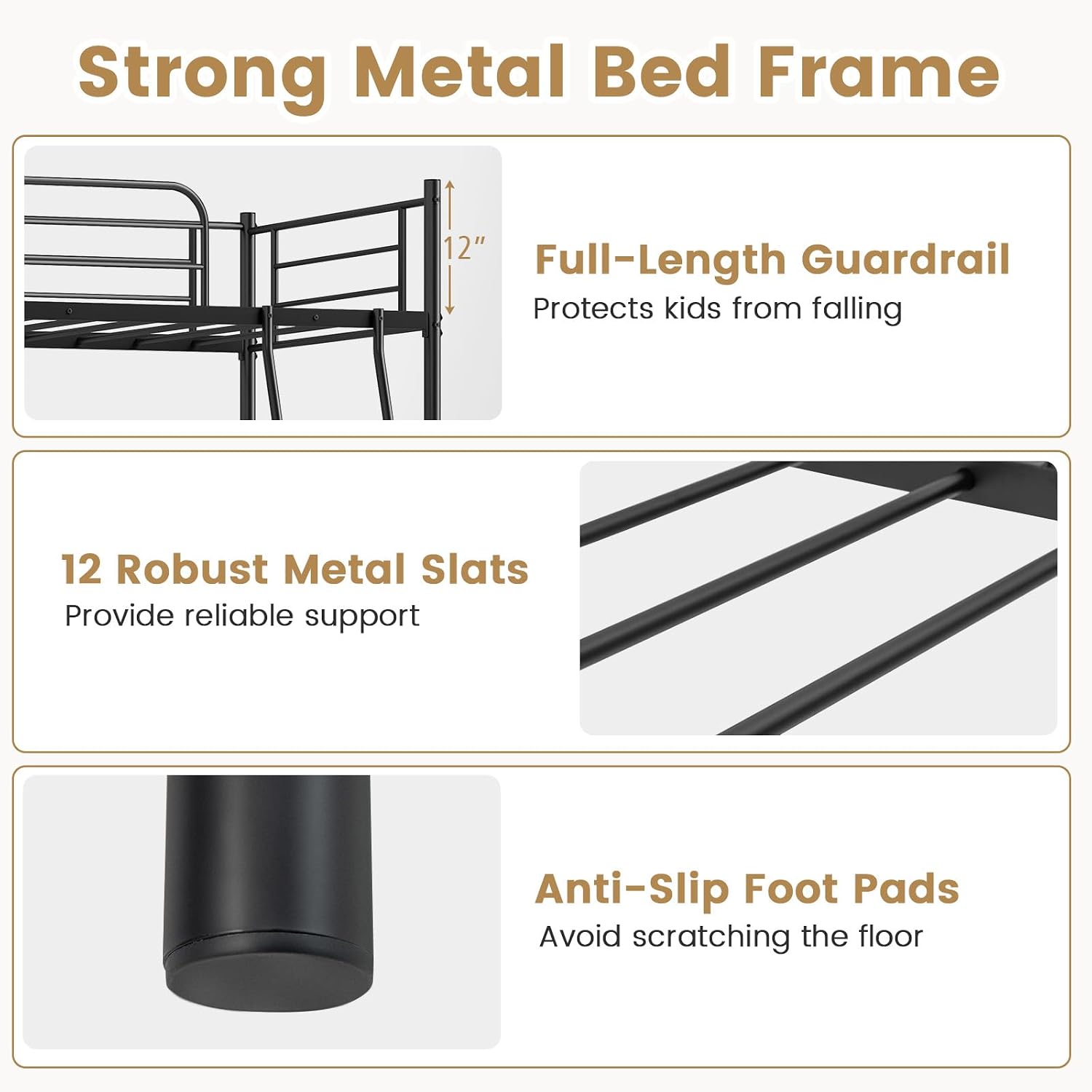 Close-up images showing the full-length guardrail, robust metal slats, and anti-slip foot pads of the KOMFOTT loft bed