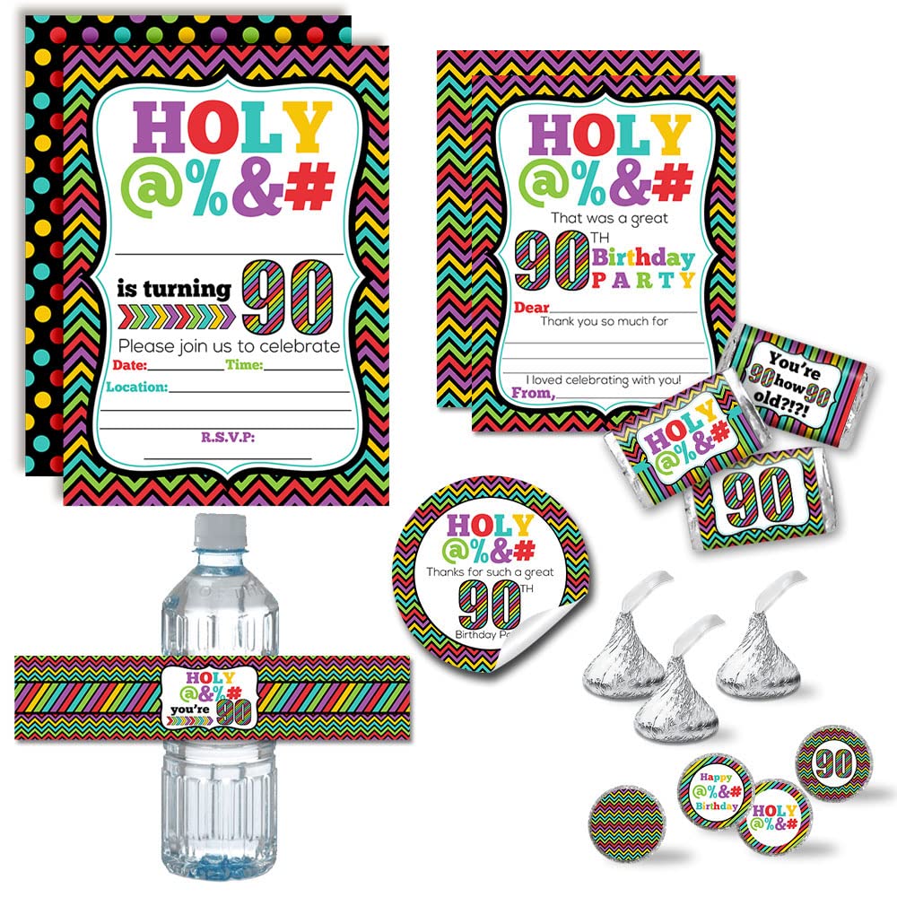 Deluxe Holy @%*# Bleep 90th Birthday Party Bundle Includes 20 each of Invitations & Thank You Cards with Envelopes + 2 Different Sizes of Stickers, Mini Candy Bar Wrappers, & Water Bottle Labels!