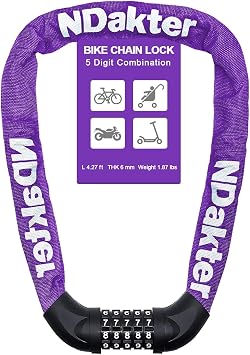 NDakter Bike Lock, 5 Digit Combination Heavy Duty Anti Theft Bicycle Chain Lock, 2.62/3.2/4.27/5/6Ft Long, High Security Resettable, Suitable for Bike, Scooter, Door, Gate, Fence-4/6mm Thick