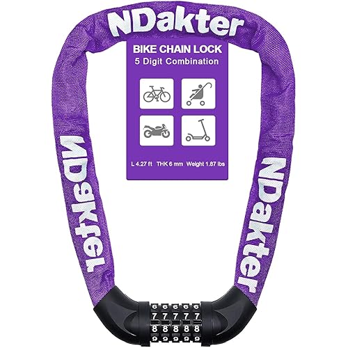 NDakter Bike Lock, 5 Digit Combination Heavy Duty Anti Theft Bicycle Chain Lock, 2.62/3.2/4.27/5/6Ft Long, High Security Resettable, Suitable for Bike, Scooter, Door, Gate, Fence-4/6mm Thick