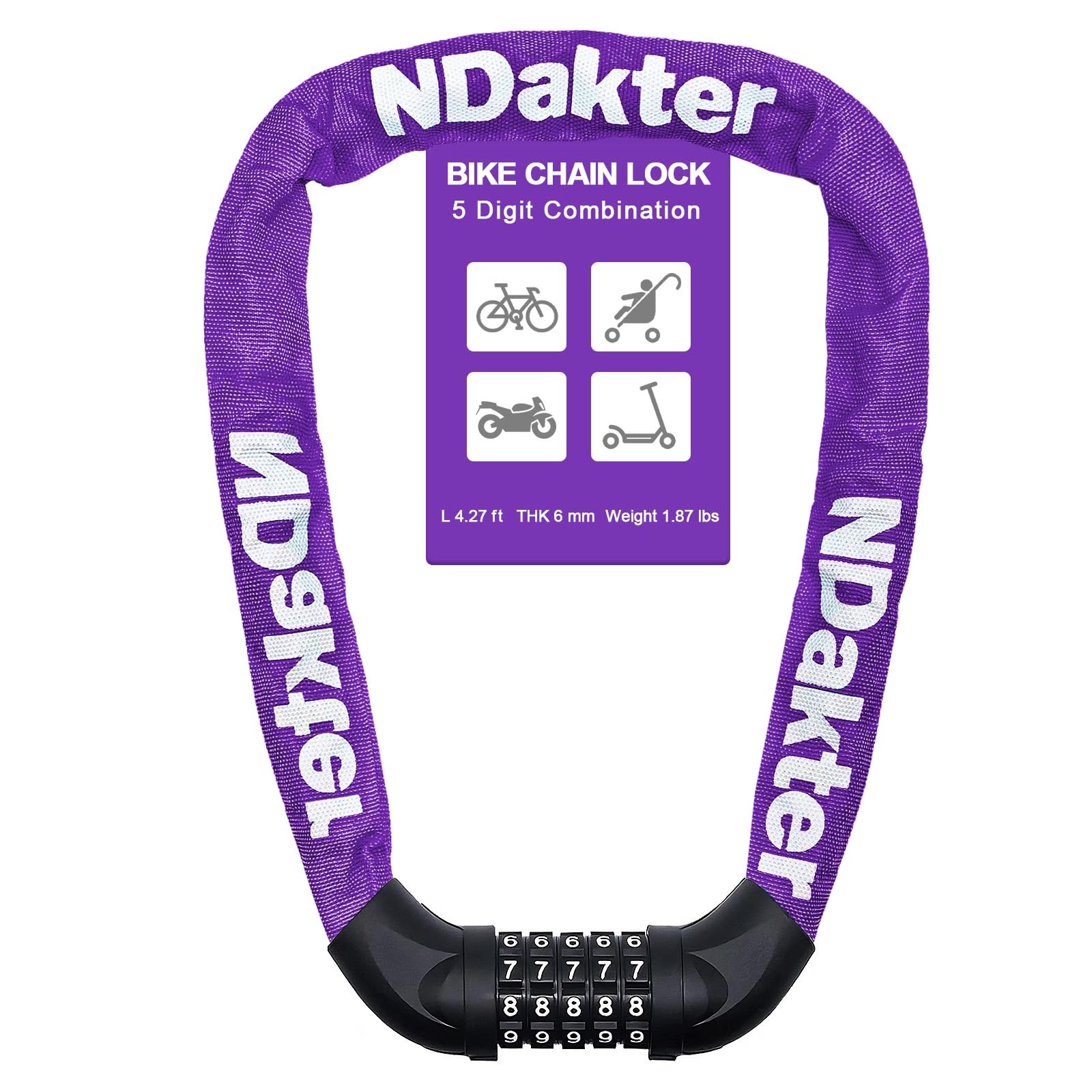 NDakter Bike Lock, 5 Digit Combination Heavy Duty Anti Theft Bicycle Chain Lock, 2.62/3.2/4.27/5/6Ft Long, High Security Resettable, Suitable for Bike, Scooter, Door, Gate, Fence-4/6mm Thick