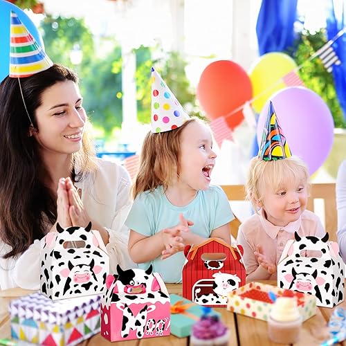 Miniatura 6 de Nezyo Paquete de 24 suministros de fiesta con estampado de vaca, cajas de dulces, caja de golosinas rosadas, bolsas de regalo para niños, regalos de