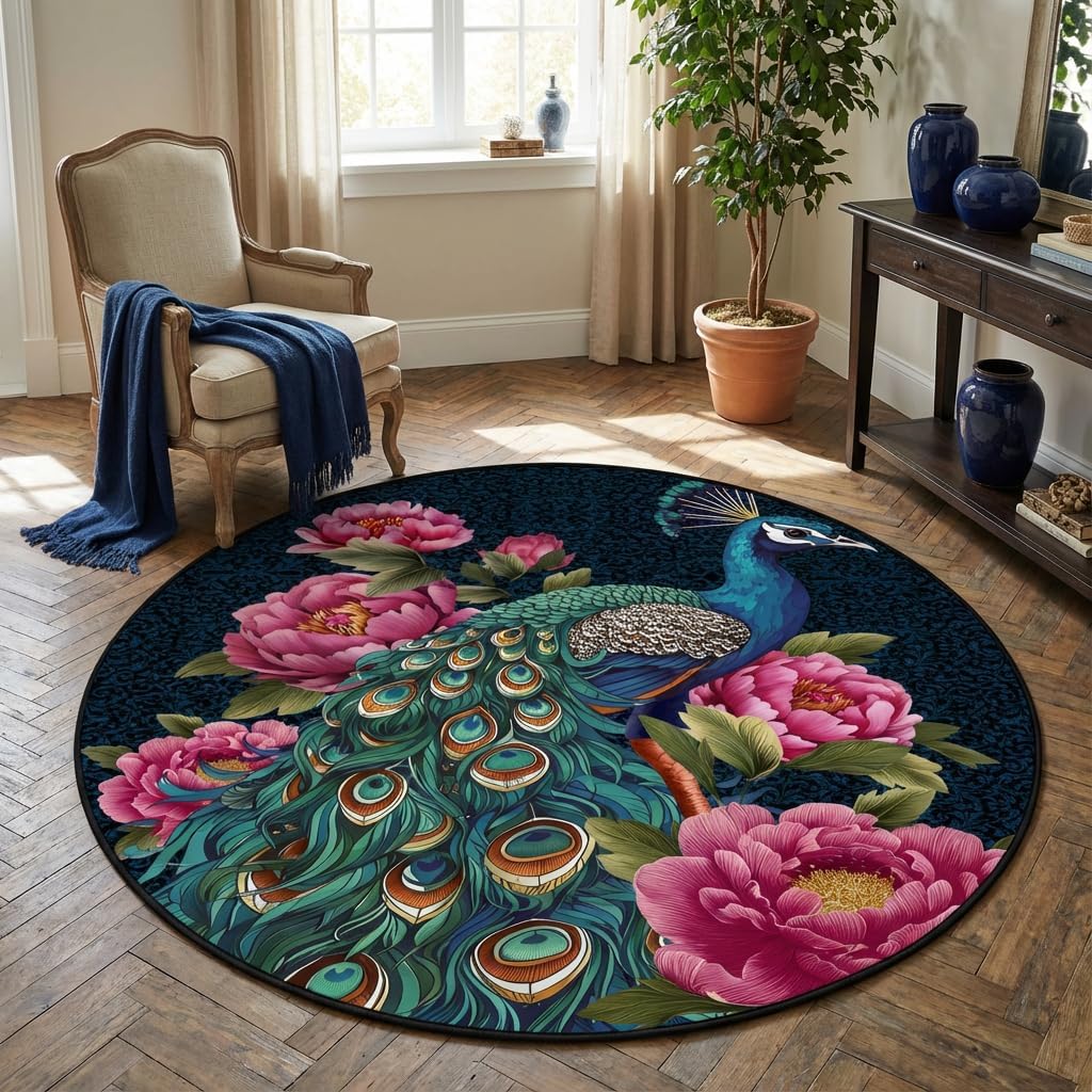 CCoutueChen Peacock 4x4 Washable Round Rug, Boho Vintage Floral Birds Indoor Floor Carpet Mat, Soft Non Slip Low Pile Rug for Kids' Room/Bedroom/Living Room, Navy Blue Brown