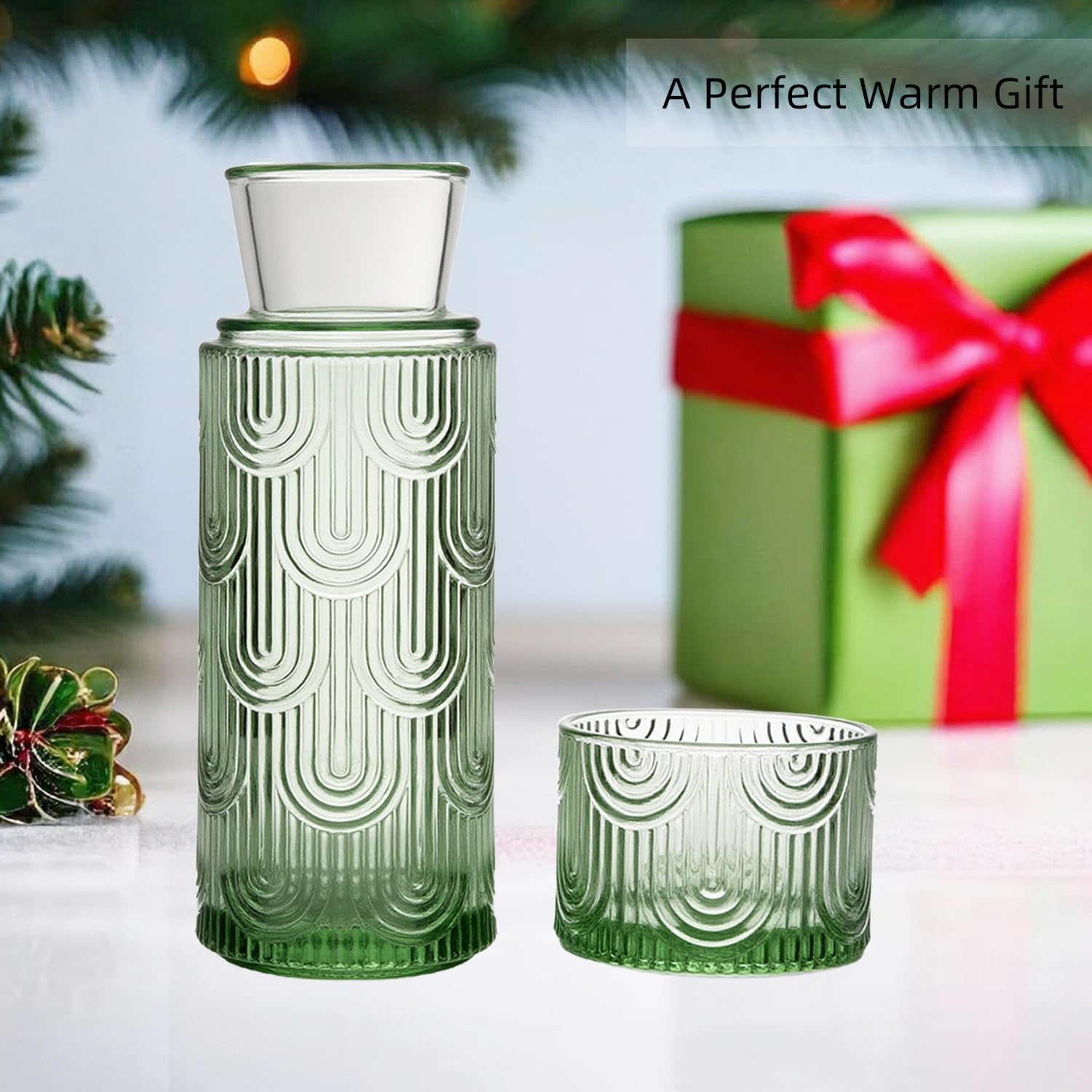 Mouthwash Dispenser, Bedside Water Carafe with Cup And Glass Set, Mouth Wash Dispensers for Bathroom, 21.6 Oz Glass Mouthwash Container with 6 Oz Drinking Cup As Lid (Green)