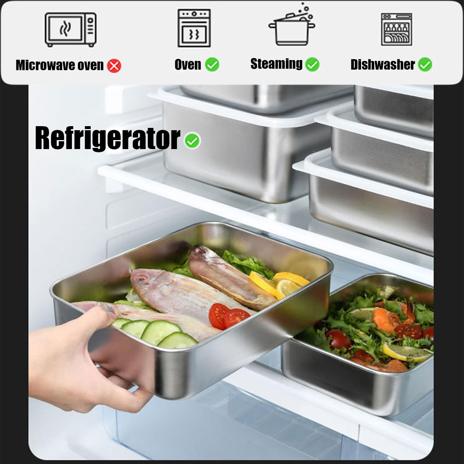 Recipientes Herméticos para Alimentos,Rectángulo Contenedor De Almacenamiento con Tapa,Fiambrera Acero Inoxidable,304 Stainless Steel,1900ML