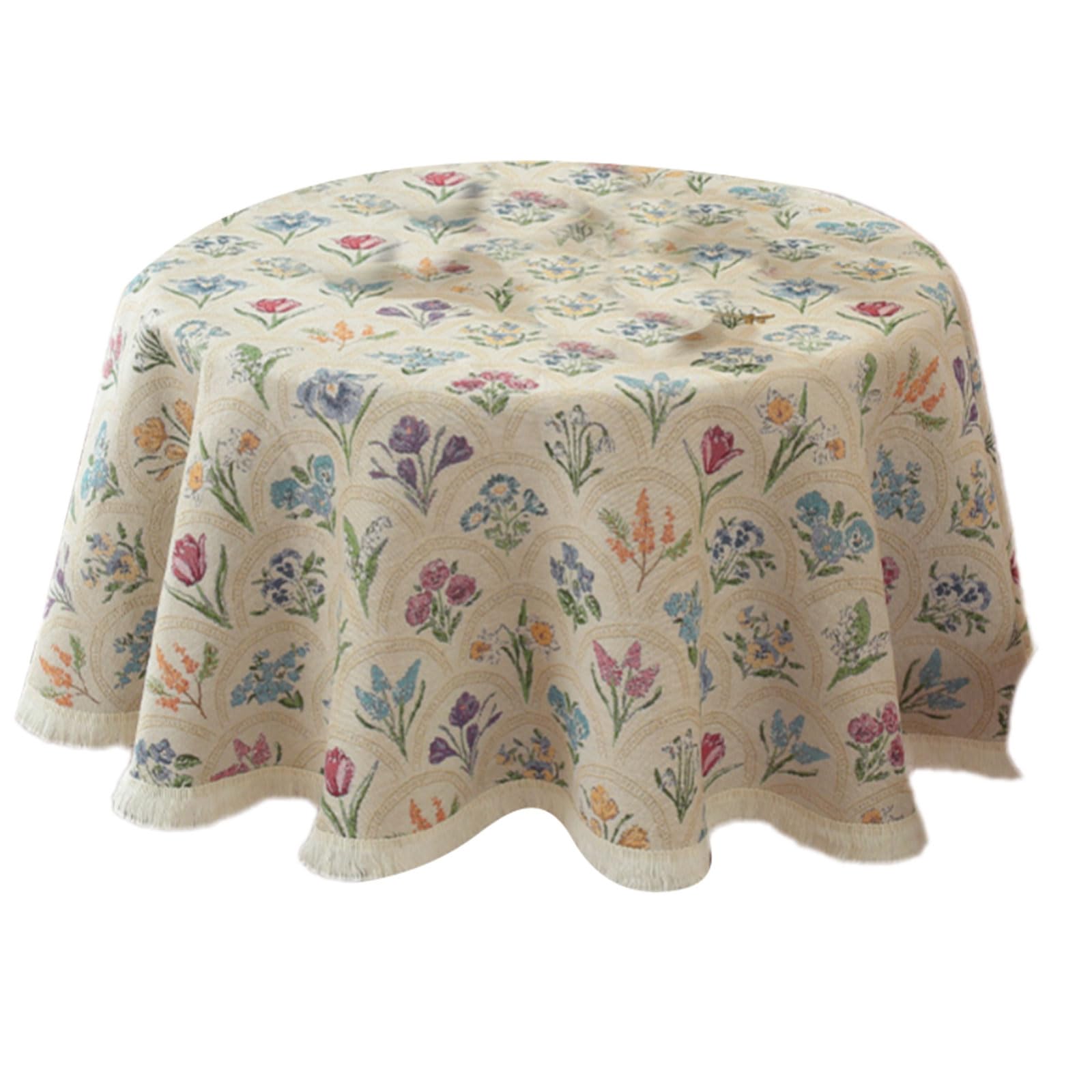 Nucelit Round Kitchen Tablecloth Fringes Designs Wrinkles Spillproofs Polyester for Indoor Outdoor Round Tablecloth Polyester