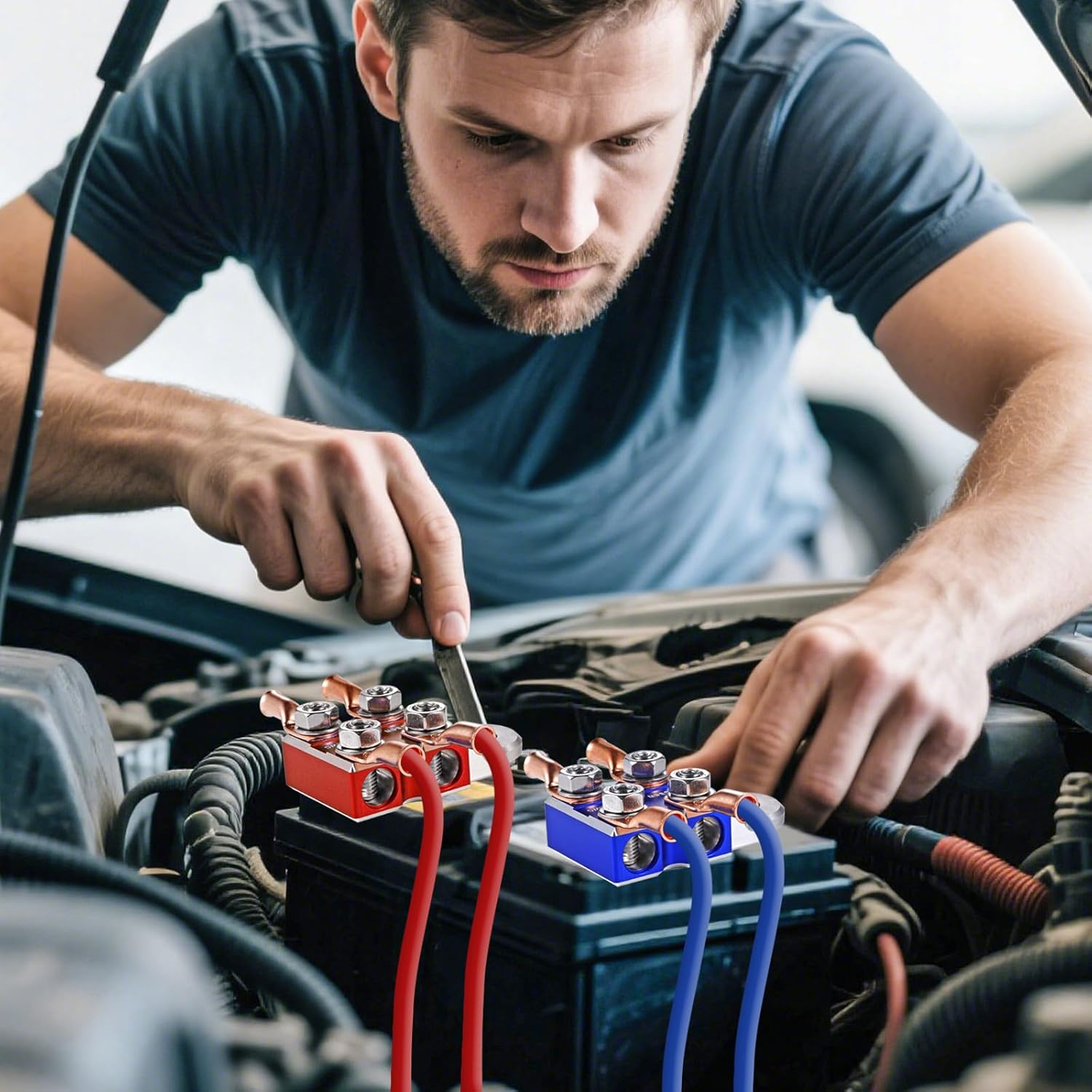 8-Way Battery Terminal Connectors - Heavy-Duty 8AWG to 4/0 AWG for Copper/Aluminum Wires | Universal for Top Post/Threaded Stud/Bolt Down Batteries