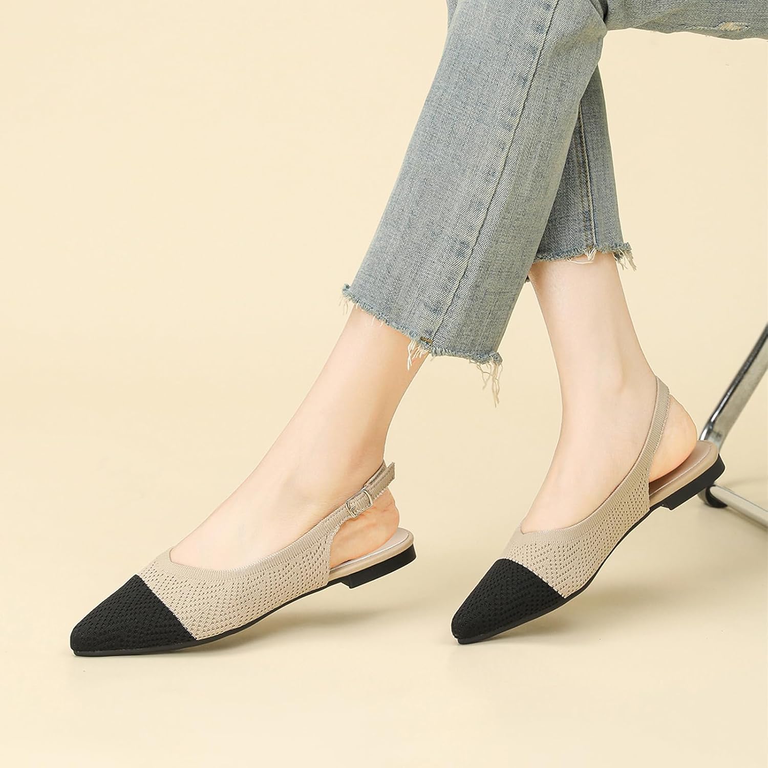 Women'S Knit Slingback Flats Elegant Pointed Toe Adjustable Buckle Toe Flat Ballerina Shoes Comfortable Light Commuting Walking Slip On Dressy Shoes - Image 2