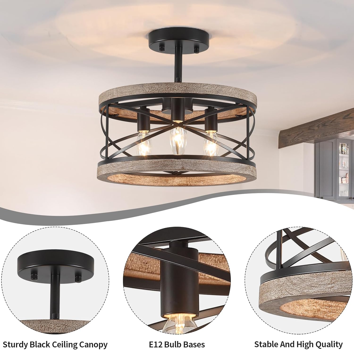 Farmhouse Flush Mount Ceiling Light Fixture, 3-Light Rustic Ceiling Lights Round Drum Metal Industrial Entryway Light Fixture for Hallway Living Room Bathroom Dining Room Kitchen