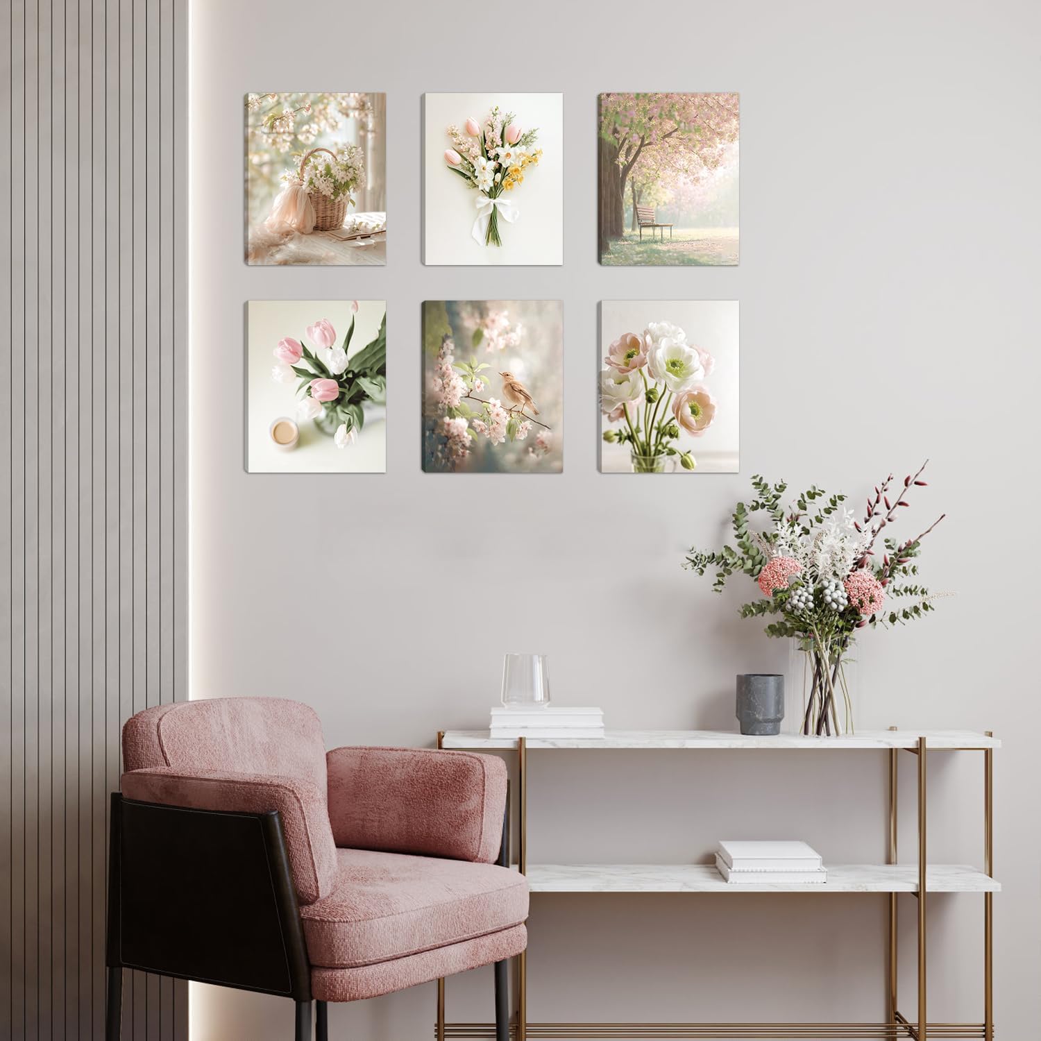 HOURIA 6Pcs Pastel Spring Framed Canvas Wall Art(12”x16”),Pink Tulip Floral Botanical Bird Wall Decor,Spring Decorations for Home Office