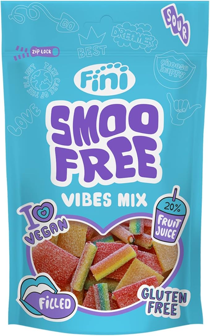 Fini Smoo Free Vibes Mix | Sour Gum Candy | Gluten Free and Vegan Stuffed Gummies | Treats and Treats for Birthdays, Christmas, Halloween and Gifts - Bag 165 g