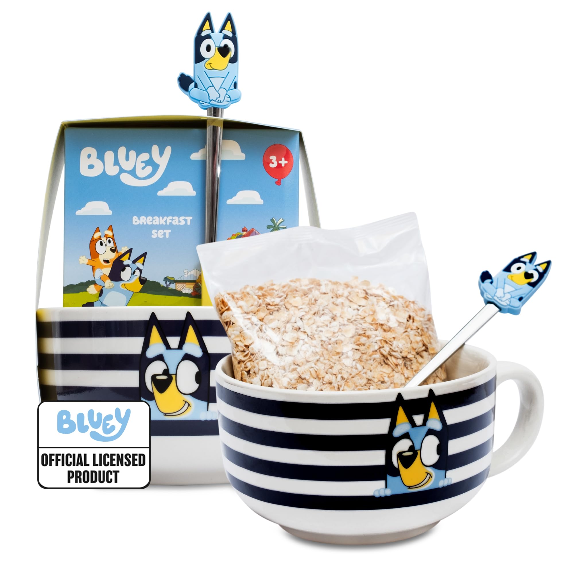 Bluey Breakfast Set with Ceramic Bowl & Spoon - 100g Porridge Oats for 2 Servings, Microwave Safe Bowl Featuring Bluey & Bingo, Kids Breakfast Kit - Bluey Gifts for Girls & Boys, Birthday, Fathers Day