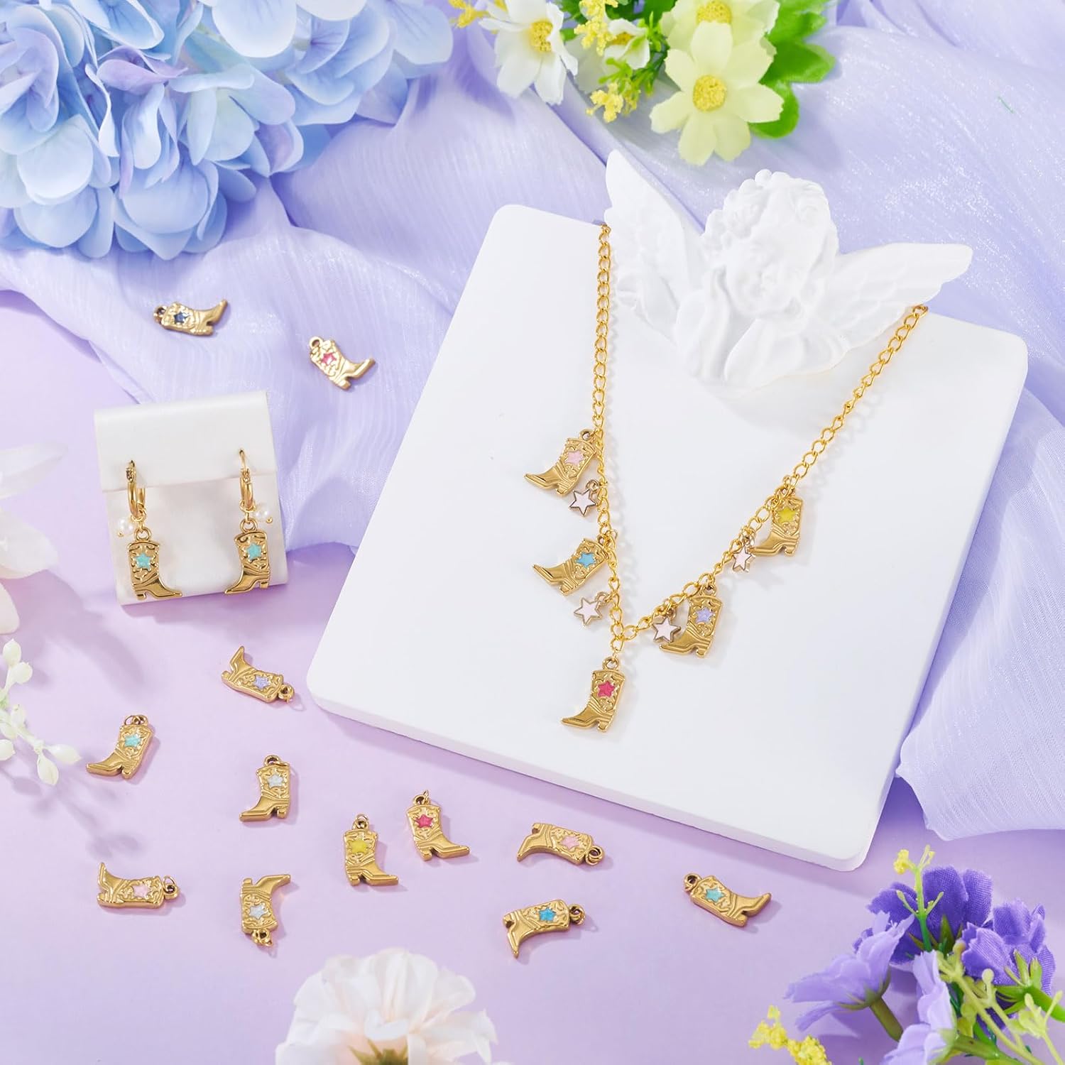 FASHEWELRY 12Pcs 18K Gold Plated Boot Charms Western Cowboy Cowgirl Boots Charms 18x11.5x2.5mm Enamel Star Shoes Stainless Steel Pendants for Bohemia Jewelry Making Earring Bracelet Necklace - Image 3