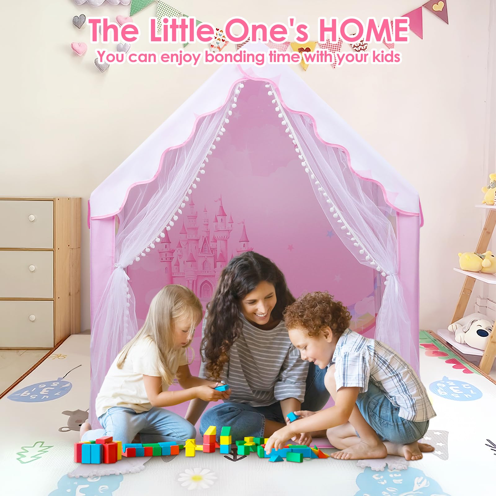Tente de Jeu Enfants Château de Princesse pour Filles, Cabane Enfant Interieure avec Fenêtres et Sac de Transport, Tente Enfant Interieur et Extérieur, Cadeau d'anniversaire 120×100×130 cm, Licorne