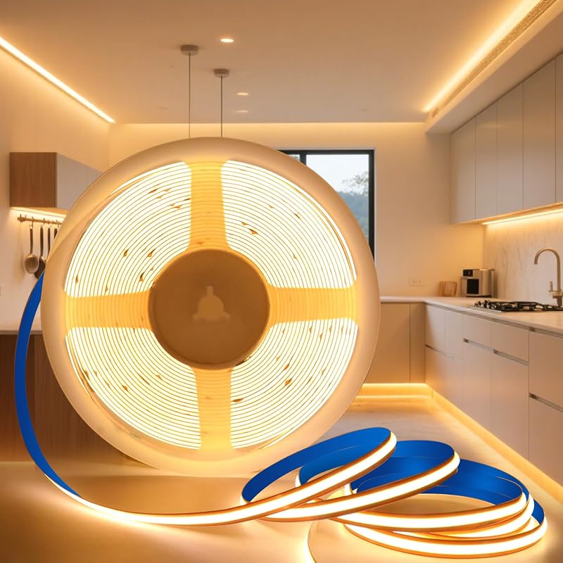 KSIBNW COB LED Szalag Meleg Fehér 5m - 24V Öntapadós 3000K CRI90+ Világítás 8mm Széles 320LED/m Rugalmas Dekorációs Fényszalag Konyhába Háló