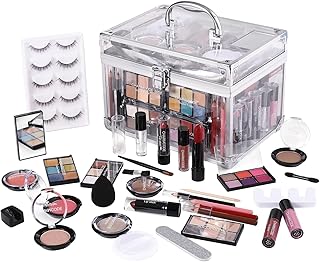 Makeup Kit for Women Full Kit - Eyeshadow Palette, Lipsticks, Lipgloss, Blushes, Contour, Highlighters, Makeup Pencil, False Eyelashes, Re-usable Train Case Gift Set for Teen Girls Starters Pros