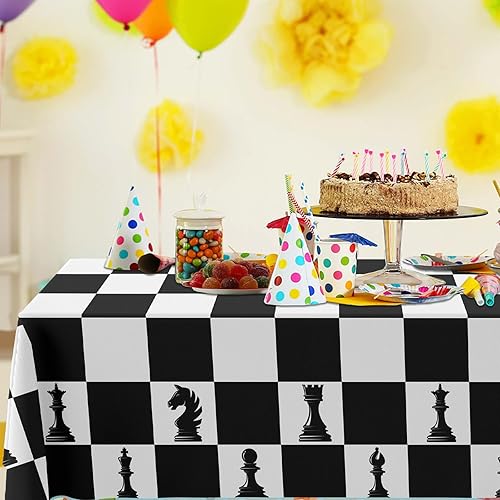 Miniatura 4 de Mantel de cumpleaños a cuadros en blanco y negro, tablero de ajedrez, bandera de carreras con números cuadrados, piezas impresas, decoración de mesa