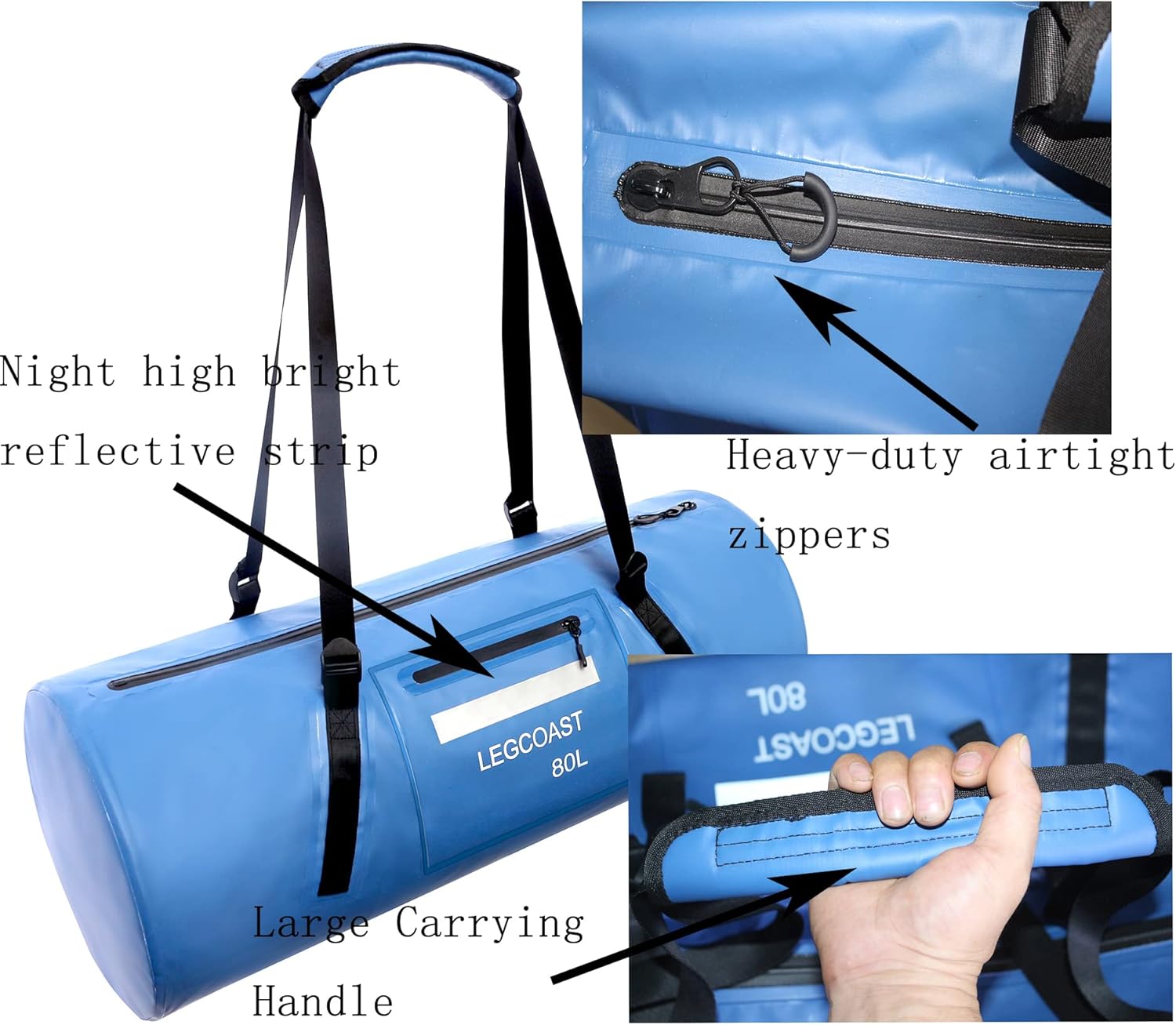 Waterproof Duffel Bag， IPX8 Waterproof Performance Dry Bag， Airtight Zipper Closure， Waterproof bag with diving function，80L large capacity, Large