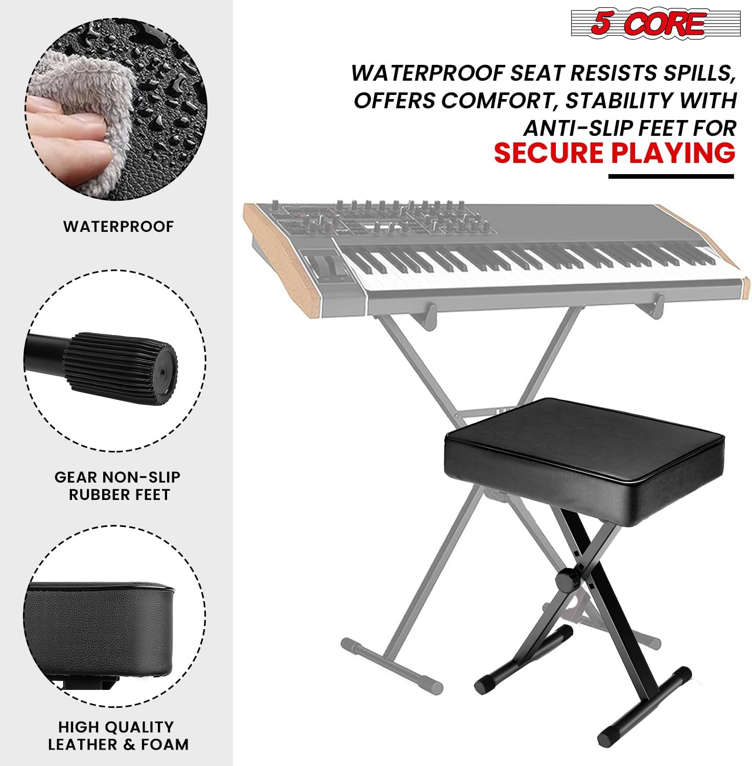 5 CORE Keyboard Bench 3 Inch Padded Cushion Adjustable 14.5" to 20.5" Piano Stool Heavy Duty Musician Chair 340 lbs Capacity – KBB BLK HD