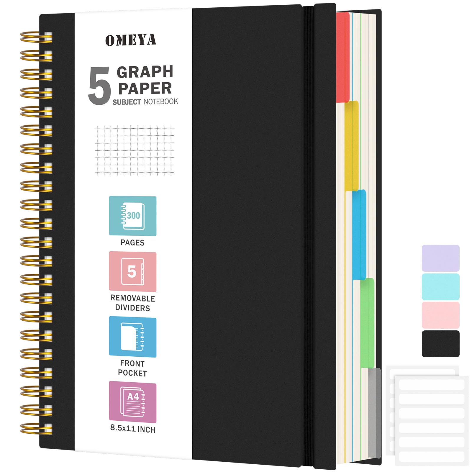 Graph Paper Notebook 8.5" X 11": 5 Subject Graphing Notebook with Removable Dividers, 300 Pages 100gsm Thick Spiral Grid Notebooks, 5x5 Graph Ruled Paper, Large A4 Math Journal for School Engineering