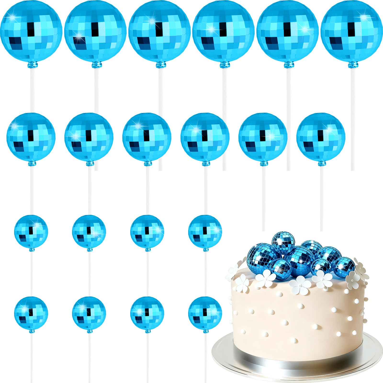 ASTARON 20 Pcs Disco Ball Cake Topper Decorations Sticks Silver Cake Balls Picks Toppers for Birthday Anniversary Disco Retired Theme Party Decorations — view 16