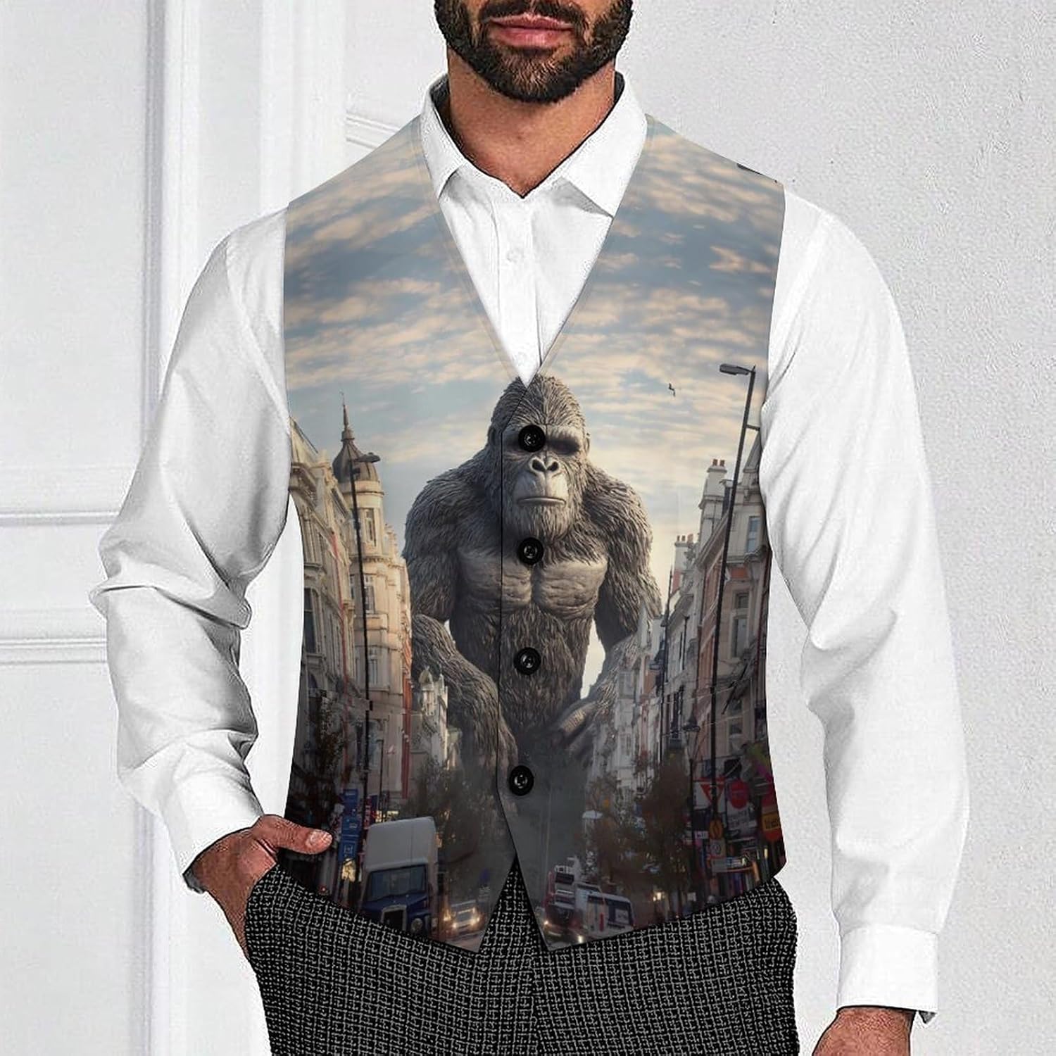 Bigfoot in London Street Mens Suit Vests V-Neck Casual Vest Dress Formal Tuxedo Wedding Waistcoat