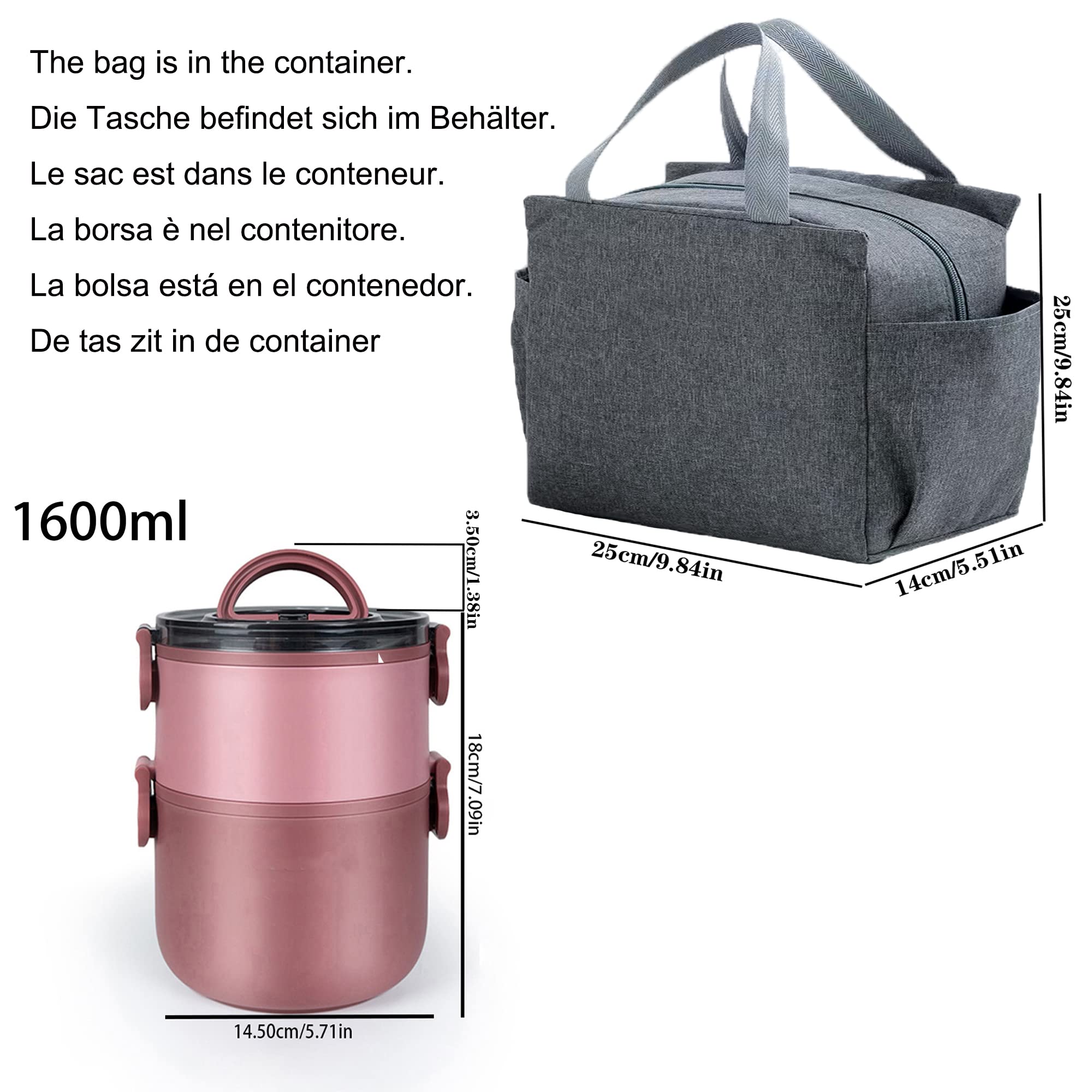 Porta Pranzo 2 Strati 1600ml - Antigoccia, Con Borsa Termica, Microonde Compatibile - Foto 3