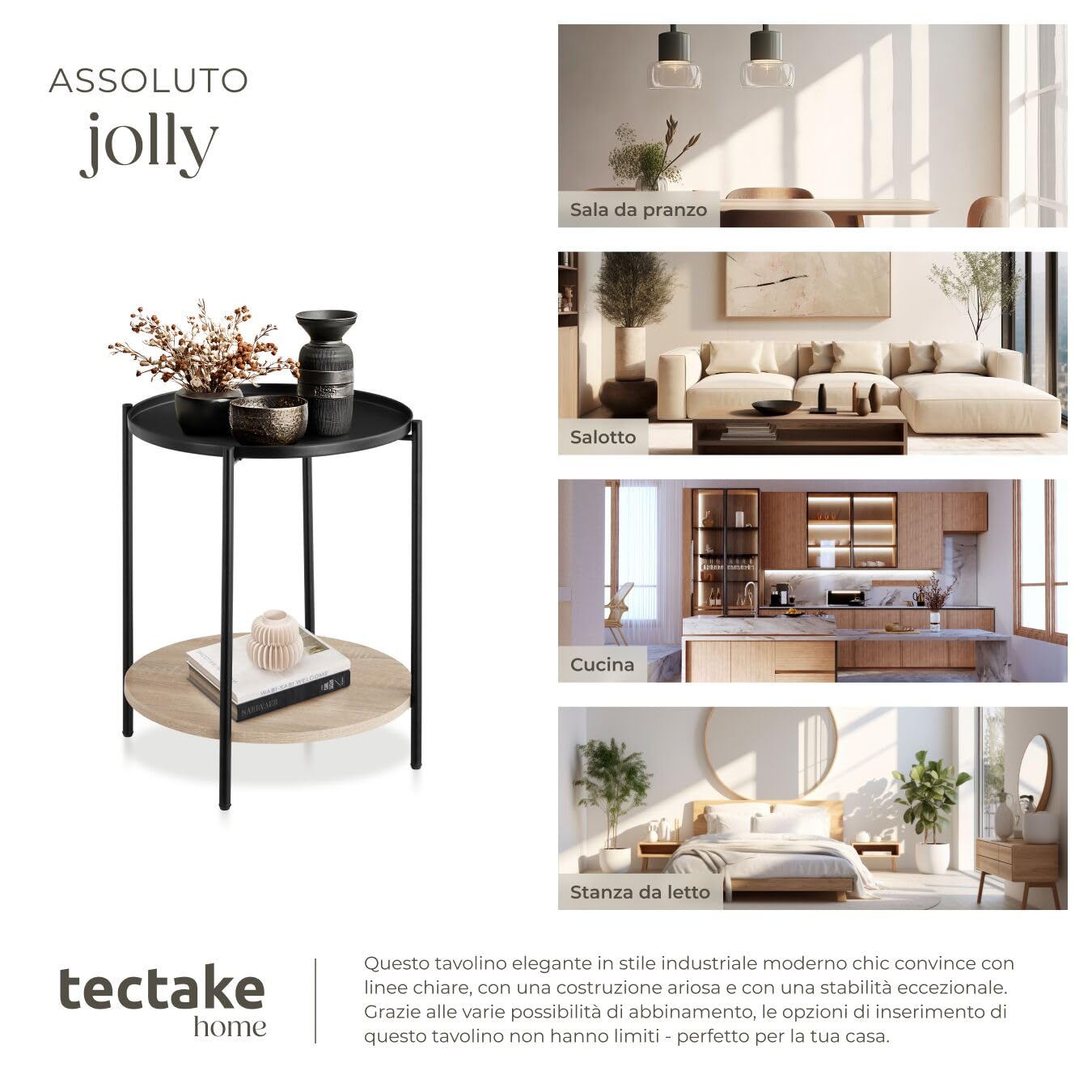tectake® Tavolino Salotto Tondo 45,5x54,5cm, Tavolino da Divano o Comodino Stretto, Ripiano Vassoio, Soggiorno, Casa, Ufficio per Libri, Lampade, Computer Portatile, Bevande - Legno Industriale Chiaro