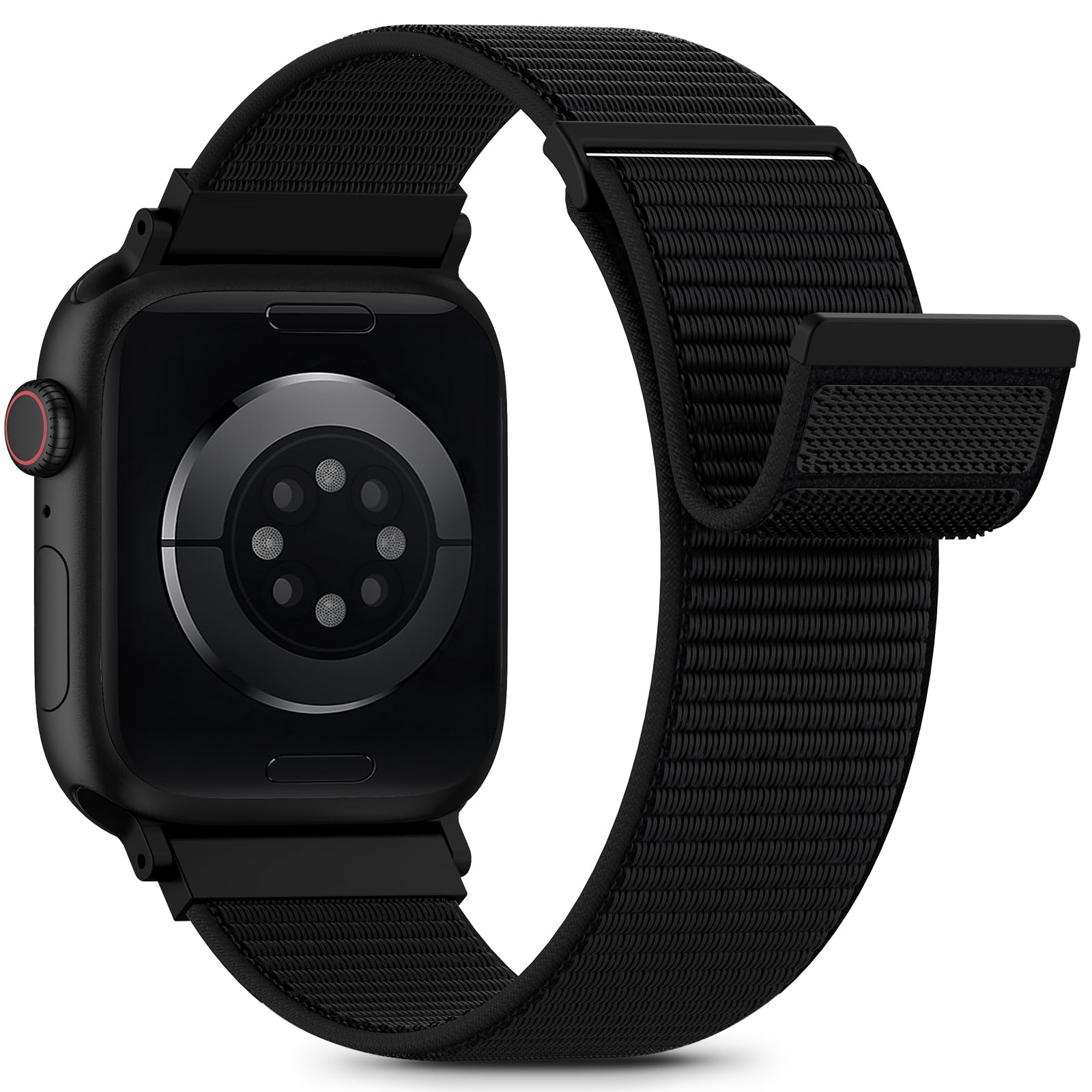 Close-up view of the Sunnywoo Nylon Loop Sport Band's hook-and-loop closure, highlighting its texture and adjustability.
