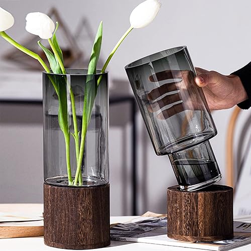 TSYFM Florero de cristal con base de madera, jarrones grises de lujo creativos de lujo de 10 pulgadas de alto, jarrones cilíndricos para centros de disponible en Yaxa Costa Rica
