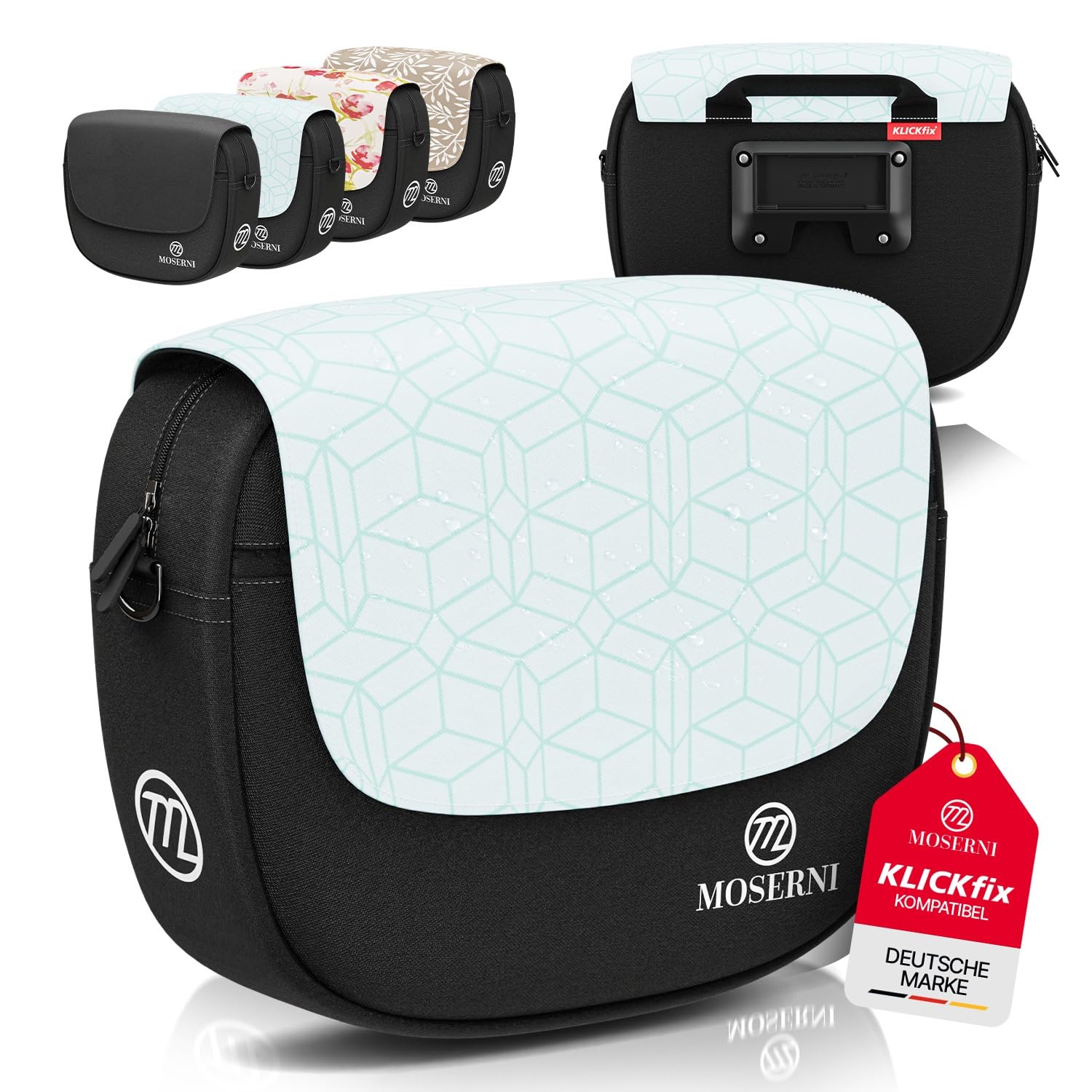MOSERNI® Lenkertasche Fahrad – KLICKfix® kompatibel | 5L Volumen | Spritzwassergeschützt & robust | Inkl. Regenhaube | Ideal für E-Bike, Rennrad & Citybike (Rastermuster)