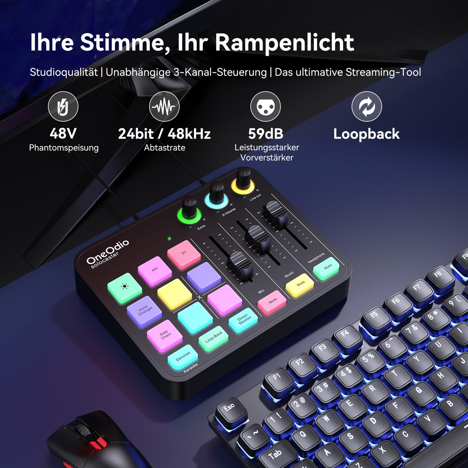 OneOdio Solocaster Gaming Audio-Mixer – 5-Kanal-Interface mit 48V Phantomspeisung, Bluetooth, RGB-Beleuchtung, 3,5-mm-/XLR-/USB-C-Anschlüssen, für Streaming/Podcast/Karaoke auf PC und Mobilgeräten