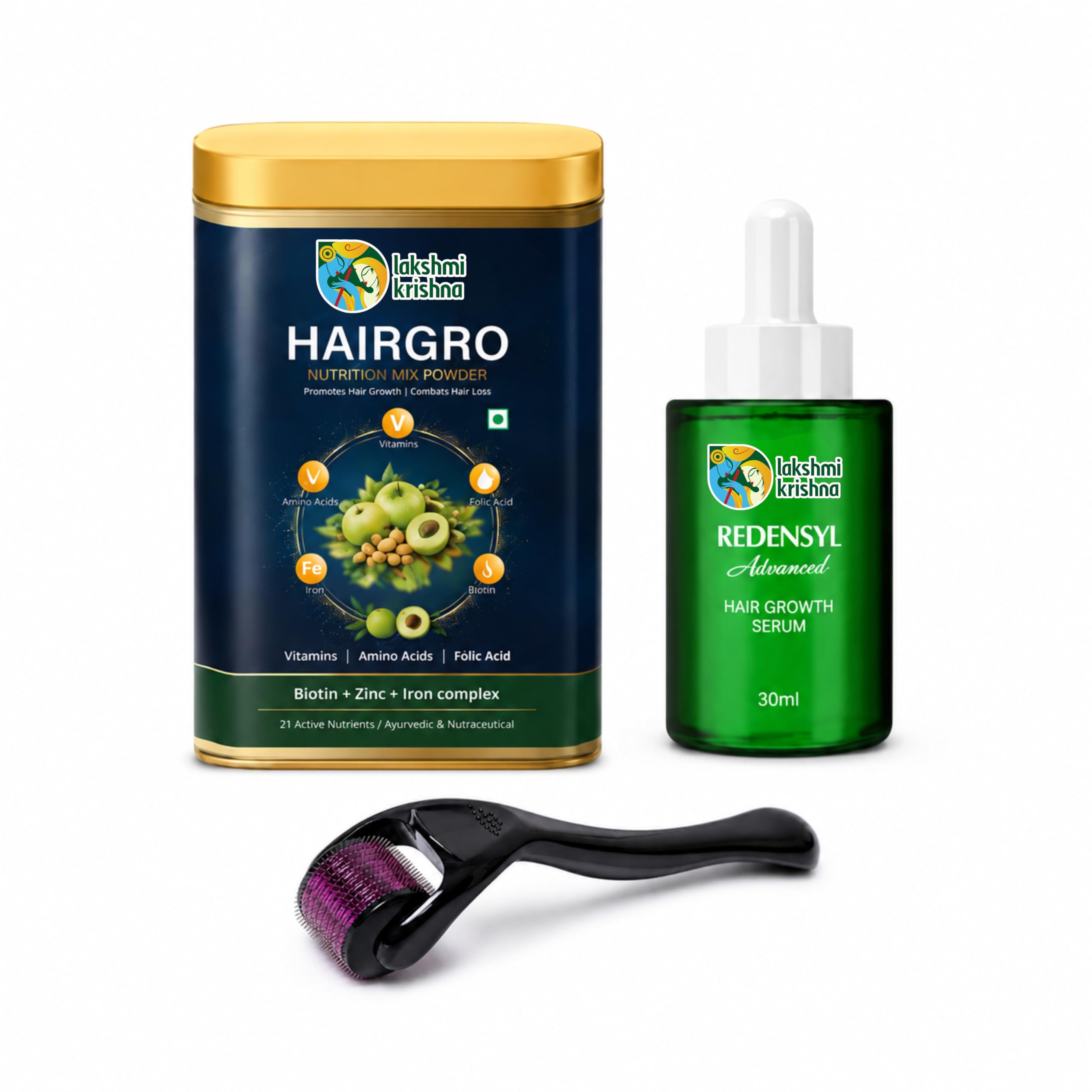 Lakshmi Krishna Naturals Hair Growth Combo | HairGro Nutrition Mix Powder + Redensyl Advanced Hair Growth Serum + Derma Roller | Hair Fall Control & Hair Support for Men & Women-image-11