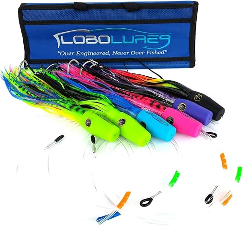 Miniatura 2 de Lobo Lures Paquete de 6 teaser de peces picados de cabeza suave #55 Typhoon de 14 pulgadas totalmente amañado + bolsa, señuelos de arrastre Marlin