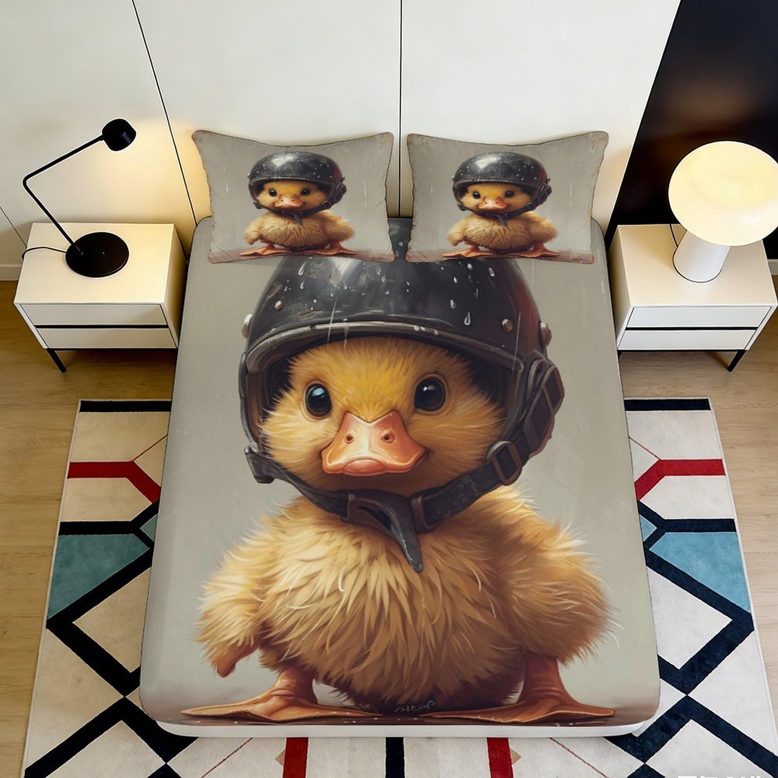 3D Printed Cute Chick Fitted Sheet Microfiber Soft Breathable Helmet Duck Mattress Cover for Bedroom Dormitory Guest Room Mattress Protection Decor 120x200x25cm