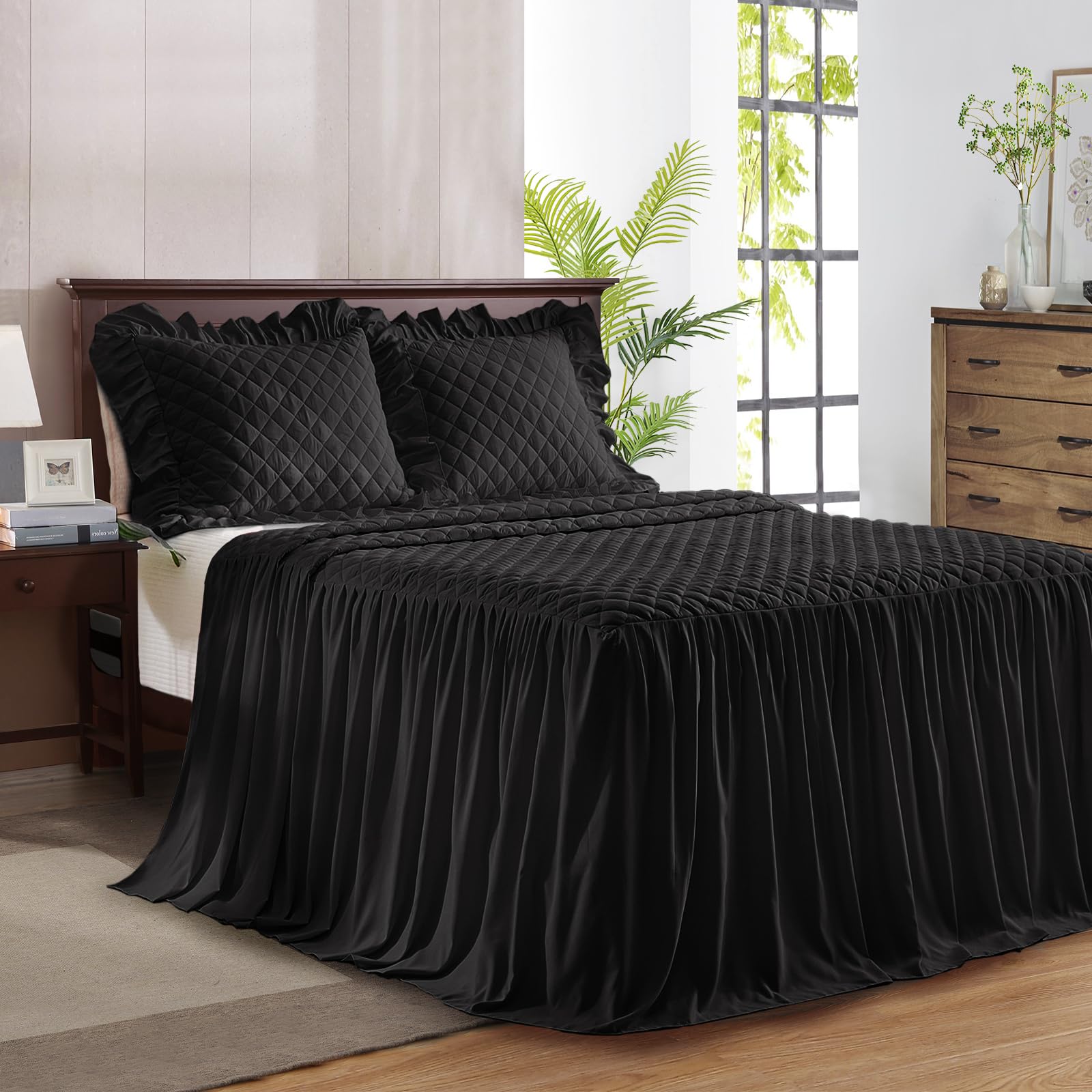 Ruffle Skirt Bedspread Set - 30" Long Drop - Vintage Chic Ruffled Summer Coverlet Bed Spreads Quilt Boho Bedding Farmhouse Style Lightweight Luxurious Rustic 3 Piece Set California King Size Black