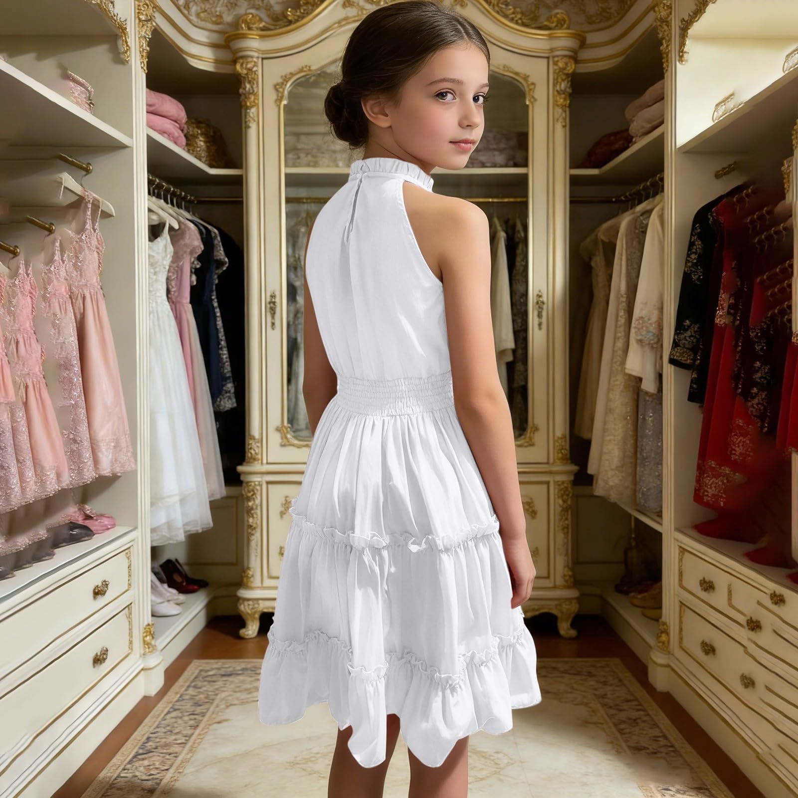 Vestito estivo per ragazze con spalle scoperte casual fluente punto smocked A Line Dress bambini senza maniche Swing abiti da festa con volant a strati prendisole festivo