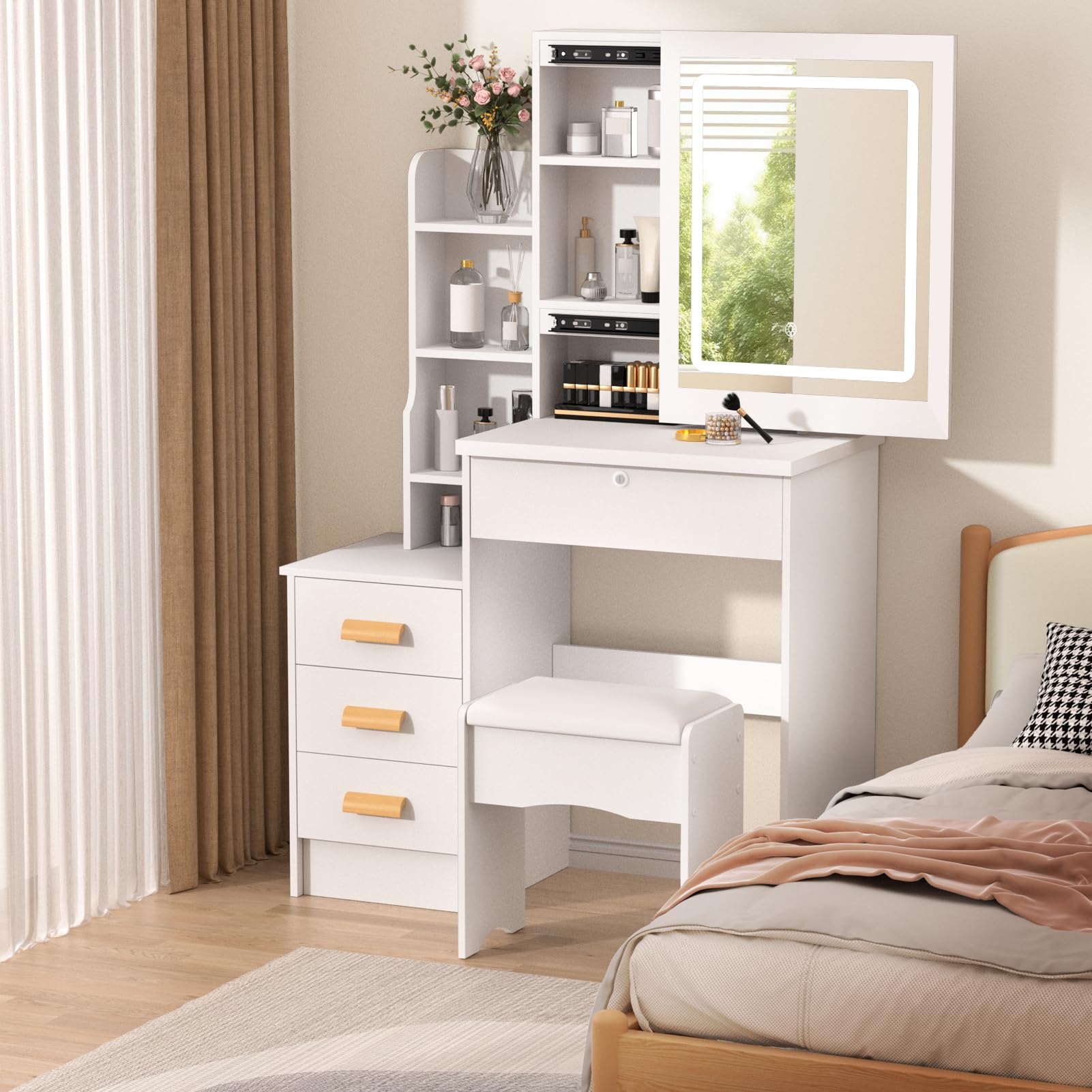 balurukt Vanity Desk with Sliding Mirror,Makeup Vanity Set with 6 Storage Shelves 4 Drawers Dressing Table for Bedroom Dressing Room Hidden Storage Space(White) White