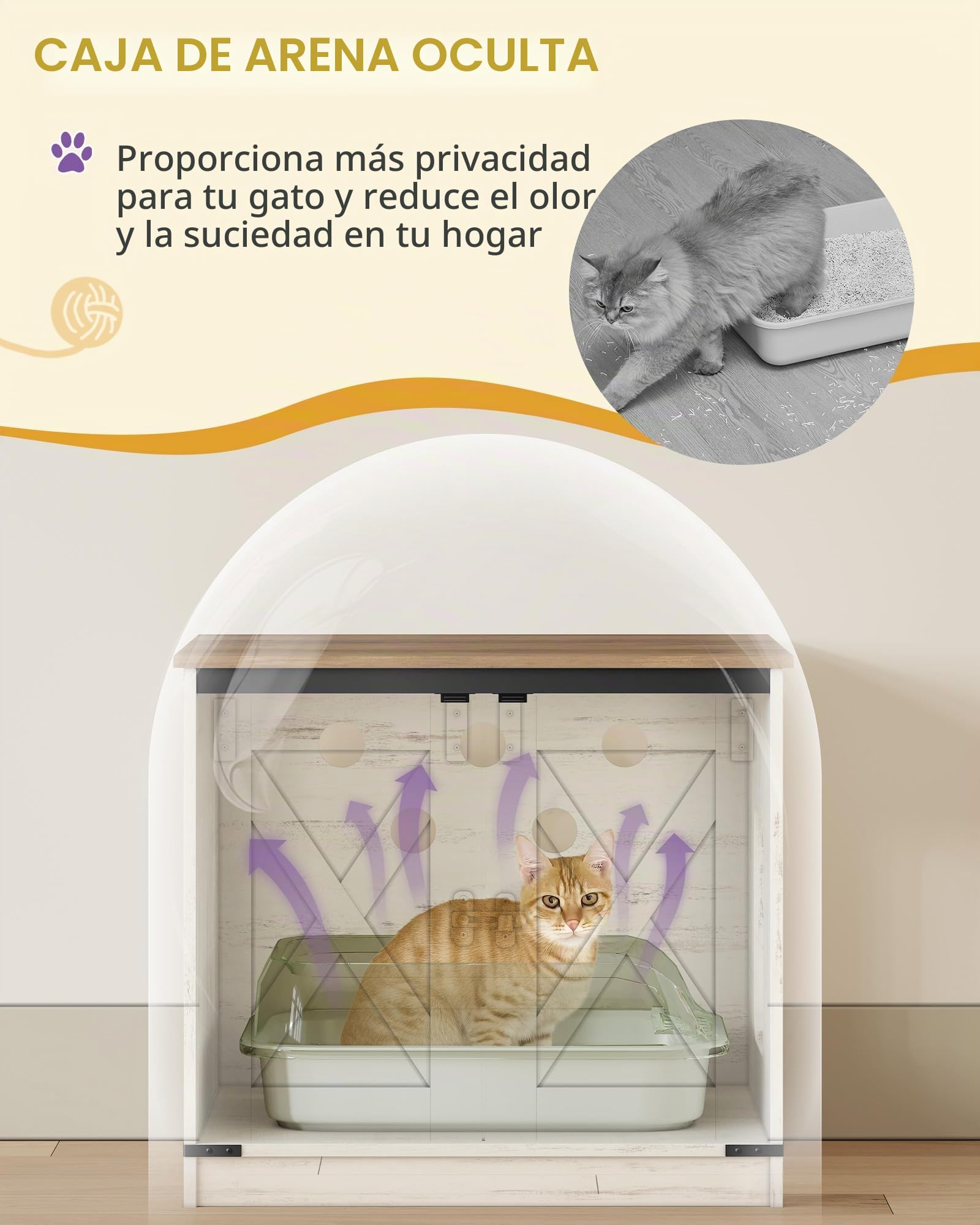 Hzuaneri 173 cm Árbol para Gatos, Blanco y Marrón, Casa para Gatos | con Mueble para Bandeja Higiénica, Soporte para Comedero Elevado, Cuerda de Sisal, Hamaca y Cojín Lavable, CB89014WT