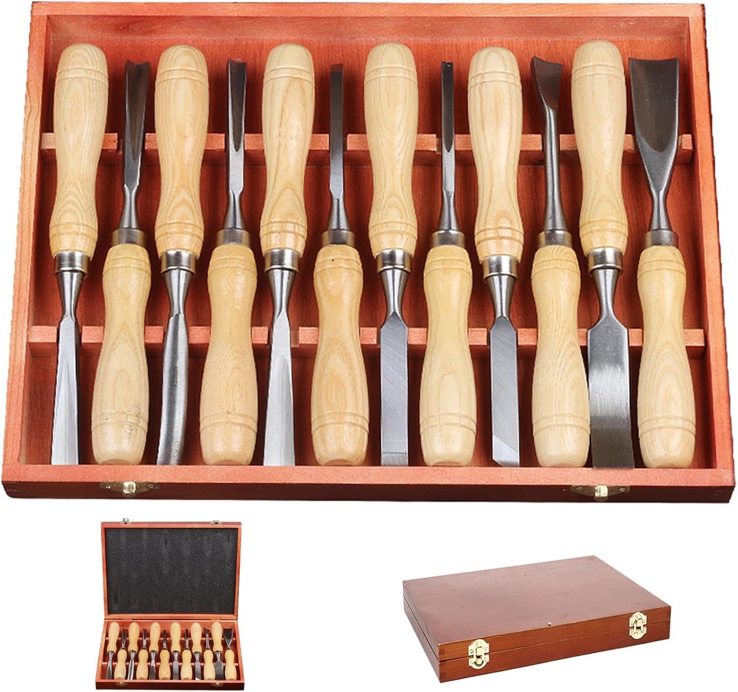 12-teiliges Holzschneidewerkzeug-Set aus 60Cr-V-Stahlklingen & hochwertiger Holz-Geschenkbox – Stecheisen-Set für Holzbearbeitung, geeignet für Anfänger und Profis