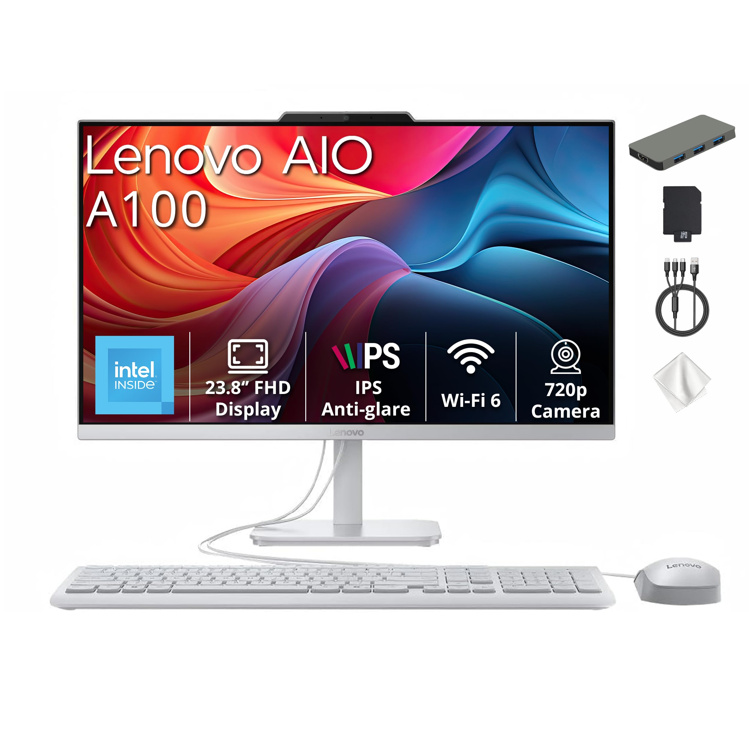 Lenovo A100 23.8" FHD All-in-one Desktop, Intel N100 CPU, 16GB DDR5 RAM, 2TB Storage (1TB SSD+1TB Docking Station), Intel UHD Graphics, Keyboard & Mouse, Wi-Fi 6, Windows 11, Cloud Grey