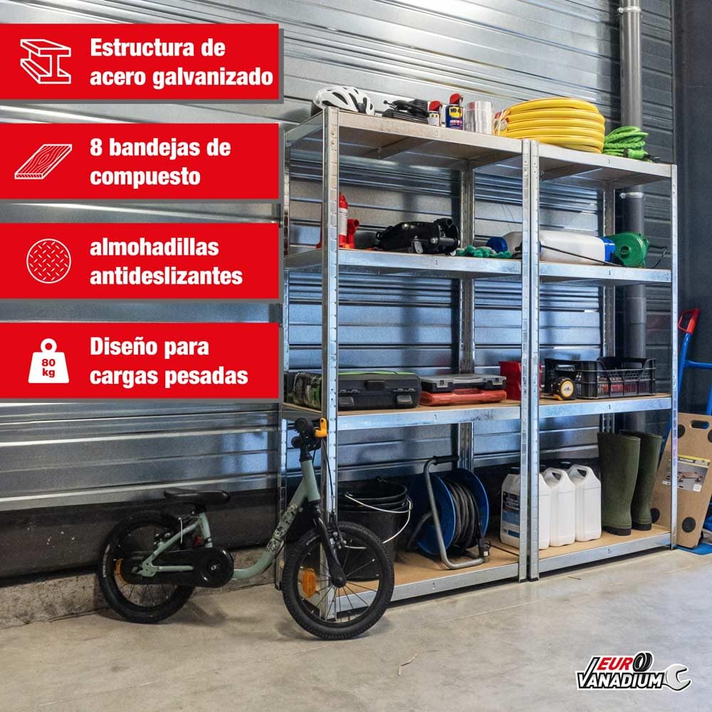 Doble Estantería de almacenamiento Cargas Pesadas - 160 x 160 cm - 640 kg - Estantería de garaje modulable, 4 Niveles, 8 Estantes