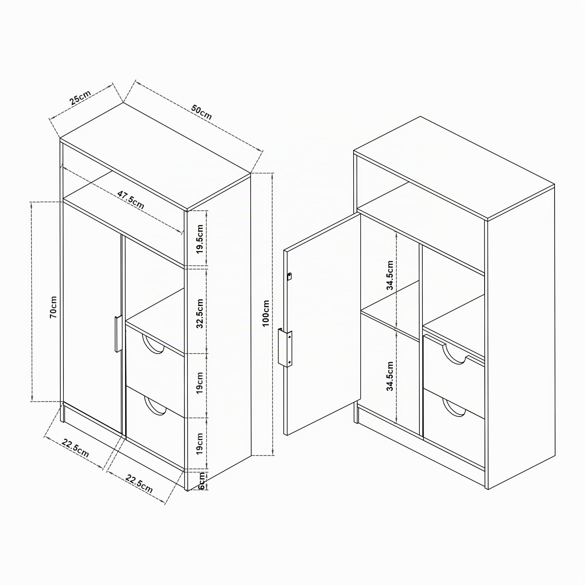 [en.casa] Mueble Baño Auxiliar Namsskogan con 4 Compartimentos 2 Cajones Armario Midi con Puerta Mueble Bajo para Dormitorio Aglomerado Tirador de Metal 100 x 50 x 25 cm - Efecto Nogal