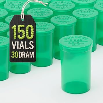 W Gallery 150 Green Vials - 30 Dram Pop Top Bottles, Child Resistant