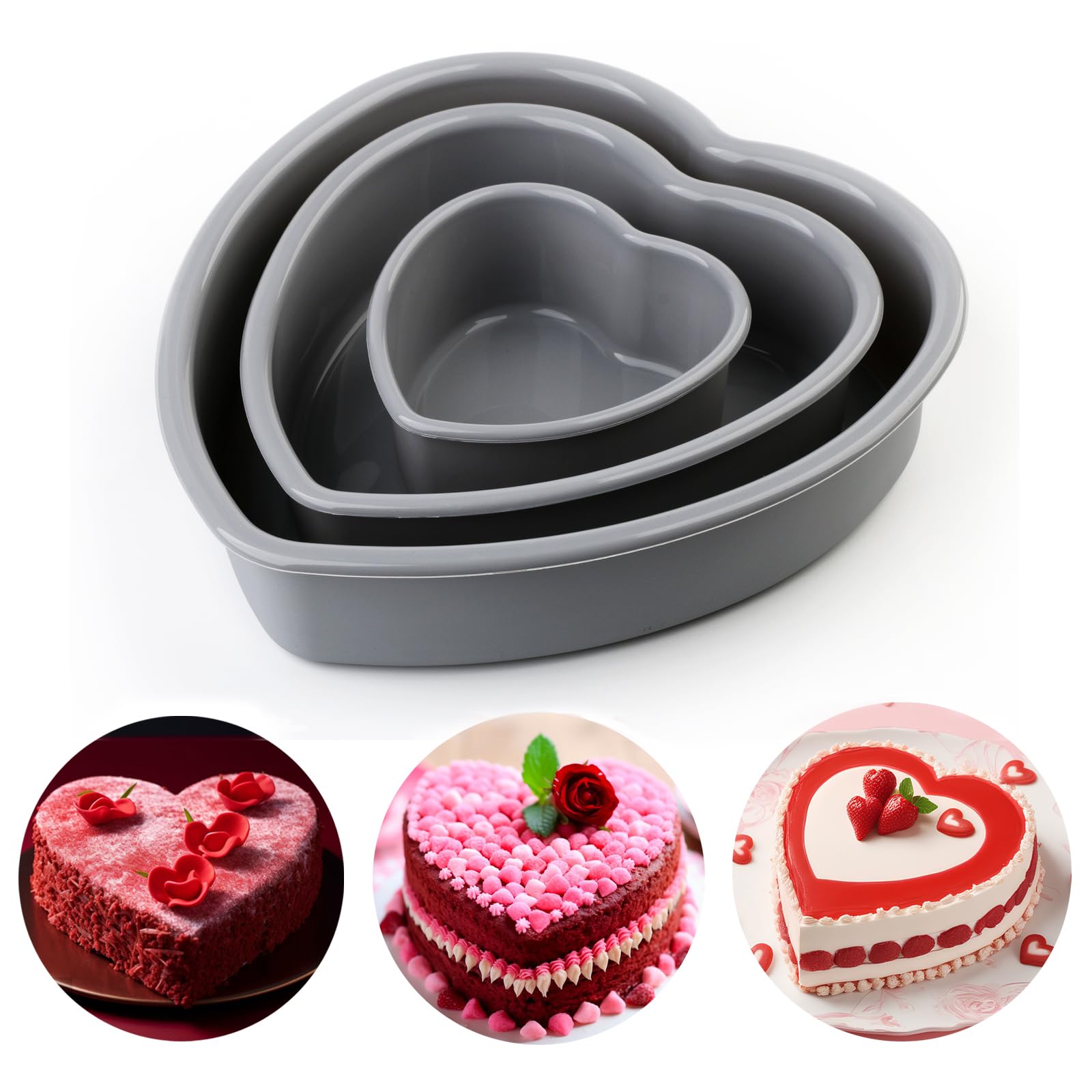 ZEMSY Love Heart Silicone Cake Pan Set, 3 Pack Valentine's Day 4/7/9inch Gray Non-stick European Easy Release Silicone Cake Mold For Making Pudding, Jelly, Mini Cake, Chiffon Cake, Gelatin, Dessert