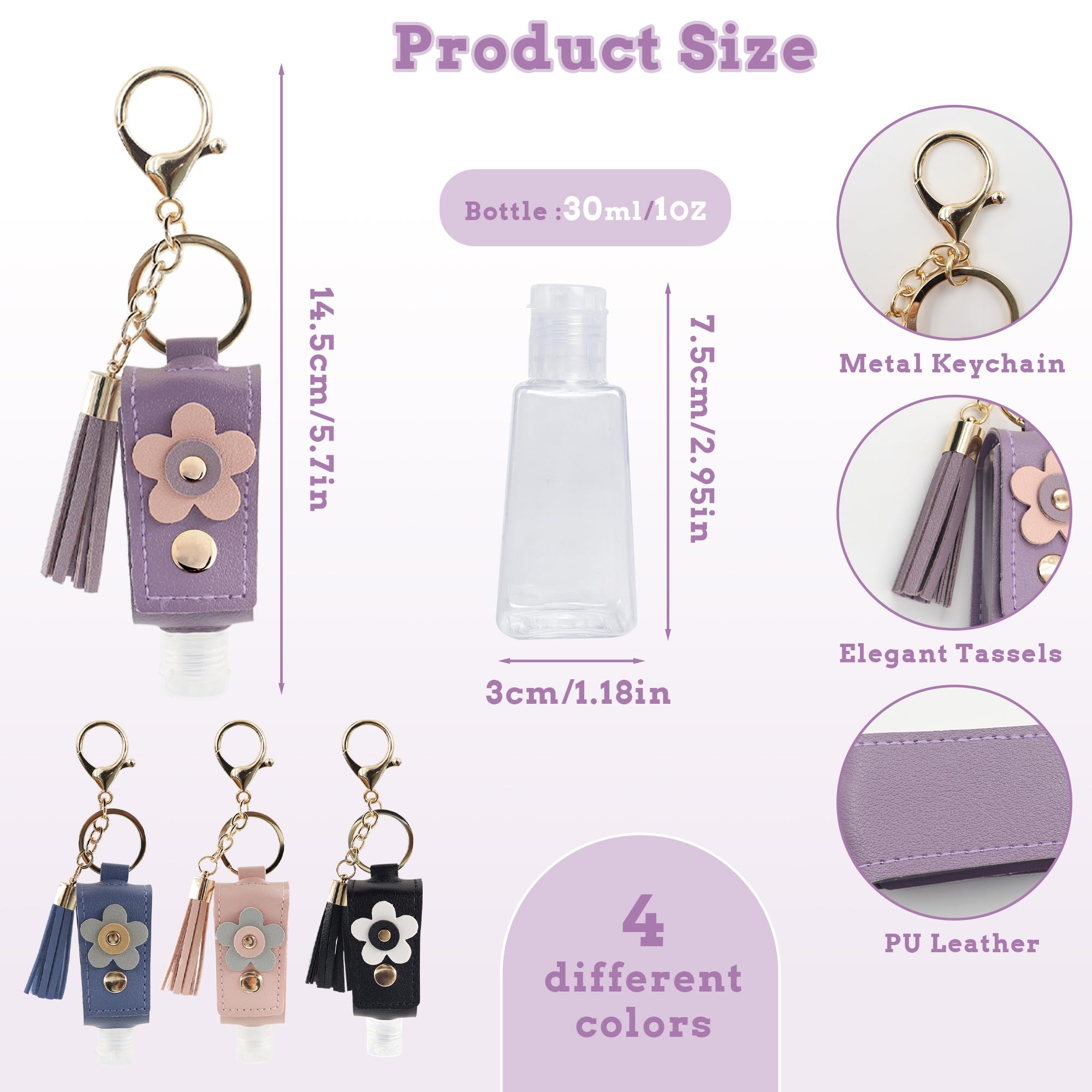 Simaixing 4 Colors Hand Sanitizer Keychain, 30ml Leather Portable Hand Sanitizer Holder Keychain with Refillable Bottle - Image 3