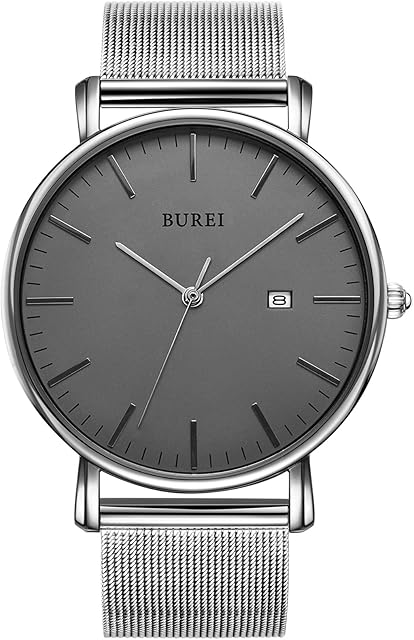 BUREI Men's Watches, Classic Analogue Dial with Date Japanese Quartz and Ultra-Thin Stainless Steel Mesh Band